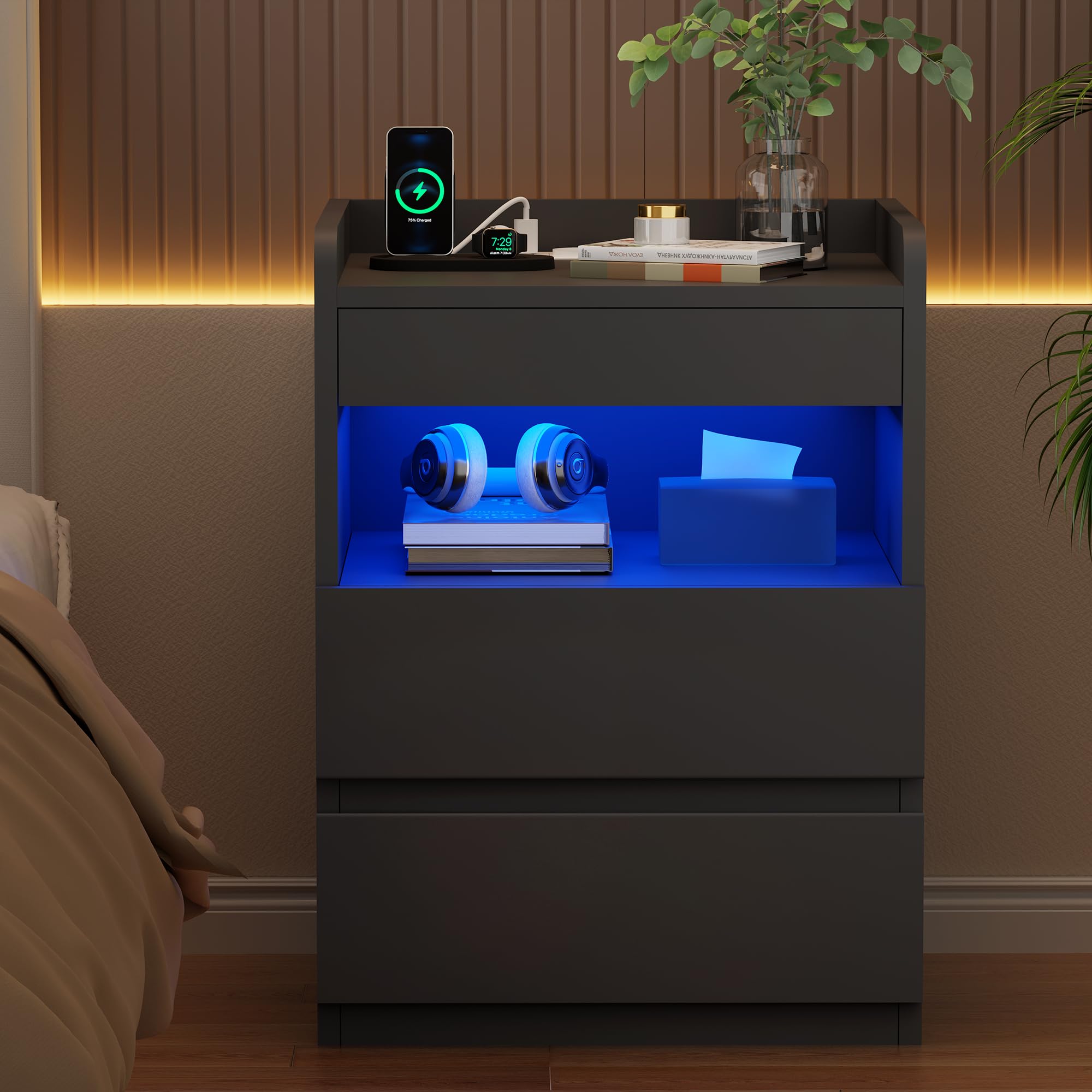 BEWISHOME Set di 2 Comodino,con Scomparto Nascosto(2 Cassetti),Comodino con presa,Semplice e Versatile,con Funzione di Ricarica,per Soggiorno,Camera da letto (Nero) EFCG02B