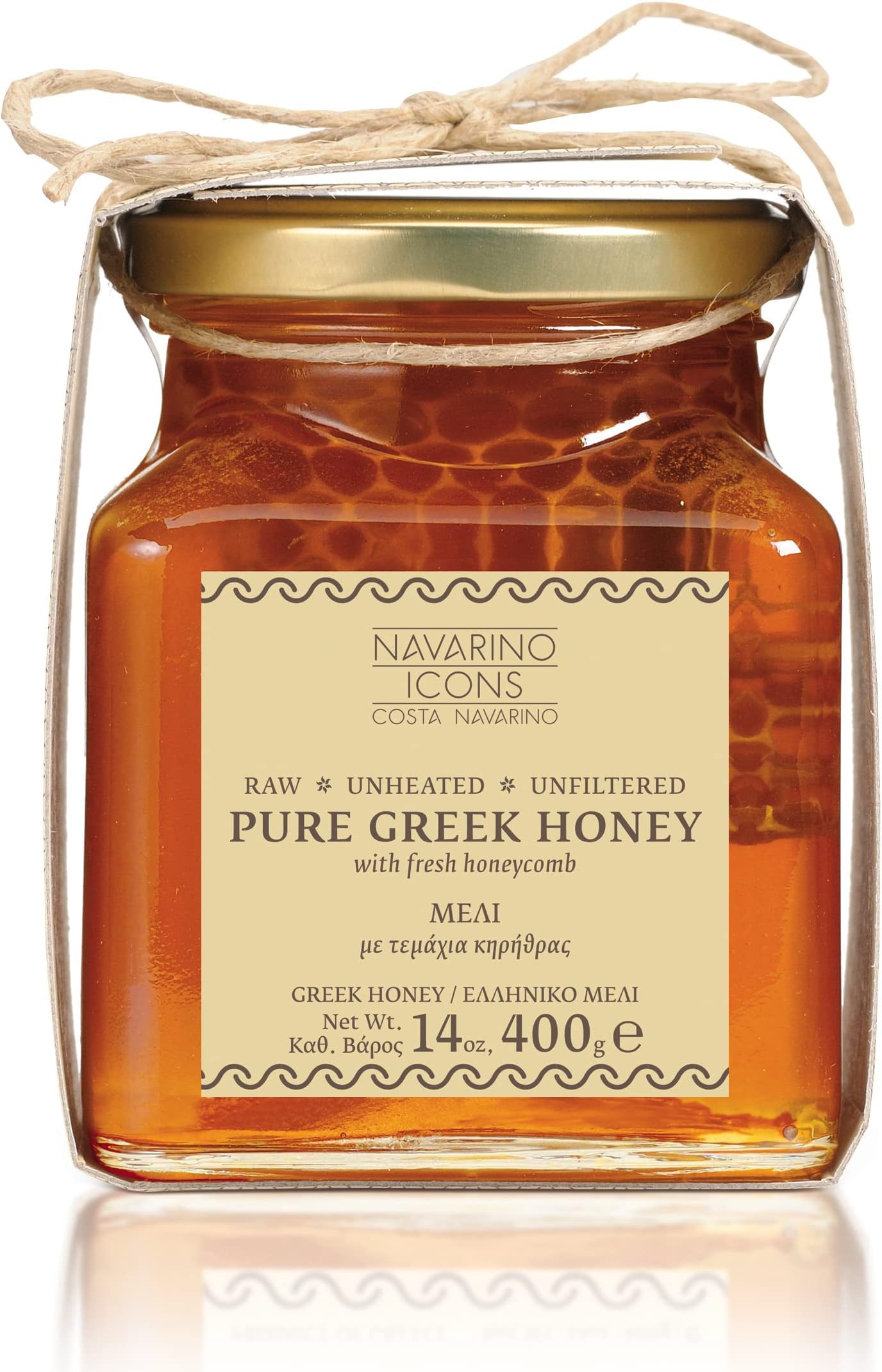 NAVARINO ICONS Pure Greek Honey with Fresh Honey Comb, 14 Ounce