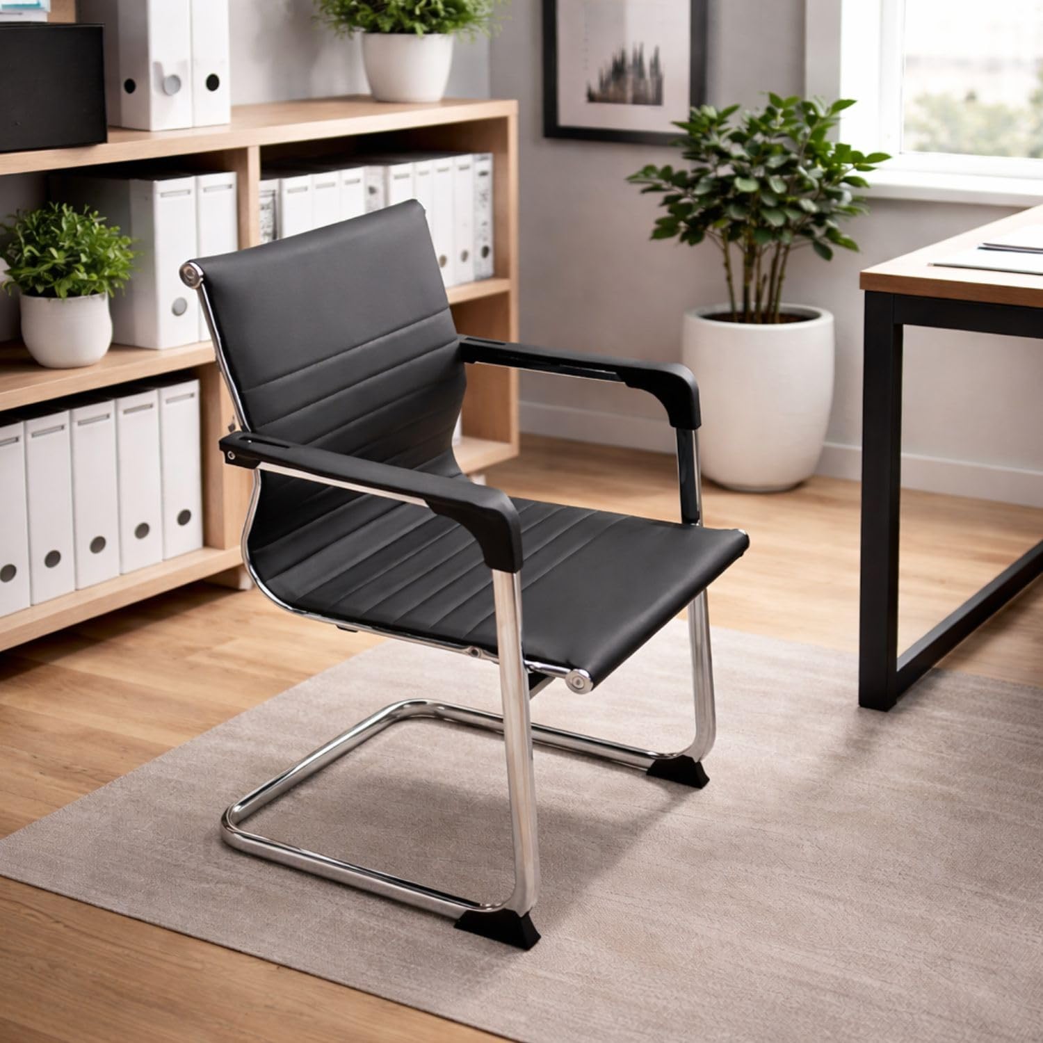 buybuy Sedia da Ufficio Professionale Ergonomica in Ecopelle e Alluminio, Design Fisso senza Rotelle, Colore Nero, 54 × 53 × 97 cm, Portata 150 kg, OC10B