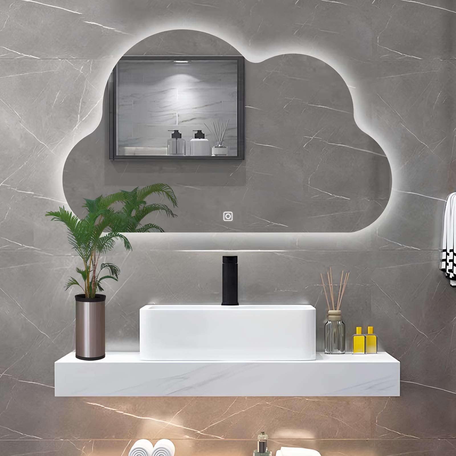 FGXHHS Vanity Mirror with Light for Bedroom, Asymmetrical Cloud Shape LED Illuminated Wall, Frameless, Touch Control, 3-Color Dimmable Lighting(60x80cm)