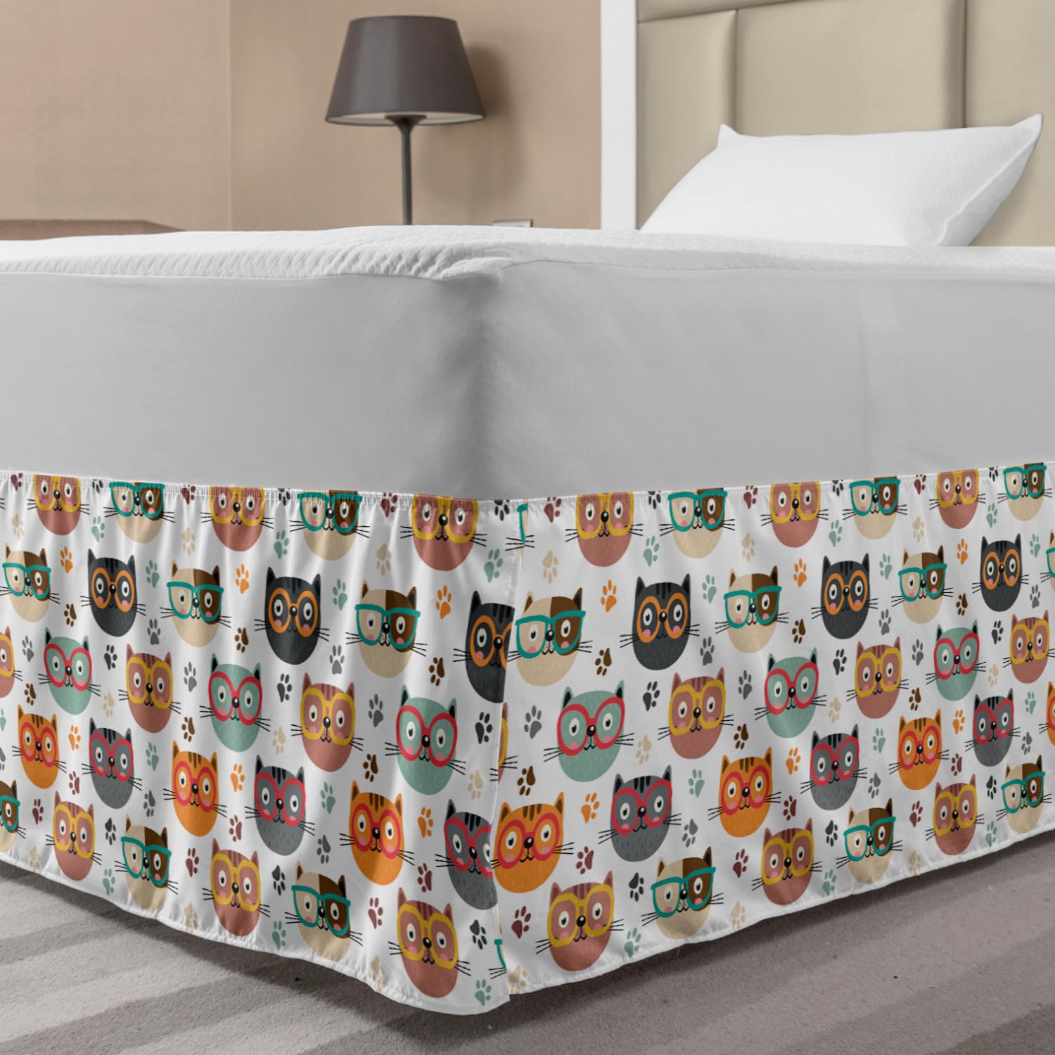 Ambesonne Cats Bedskirt Pattern with Playful Kitty Faces Wearing Eyeglasses Among Pawprints for Pet Lovers Bedroom Decor Wrap