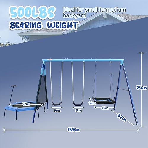 Miniatura 3 de Juego de columpio de metal resistente con trampolín de 47 pulgadas, 2 asientos de columpio y columpios de plataforma, juego al aire libre para niños