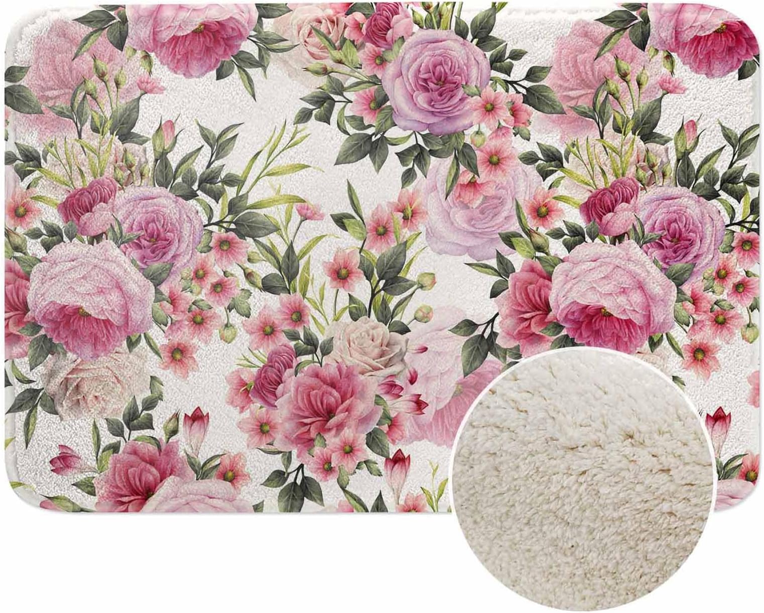 Roses Bath Rugs Wreath Pretty Floral Pink Peony Flowers Microfiber Bathroom Mat Soft Plush Shaggy Shower Mat for Bathroom Fluffy Comfortable Water Absorbent Carpet Non-Slip Machine Washable 16"X24"