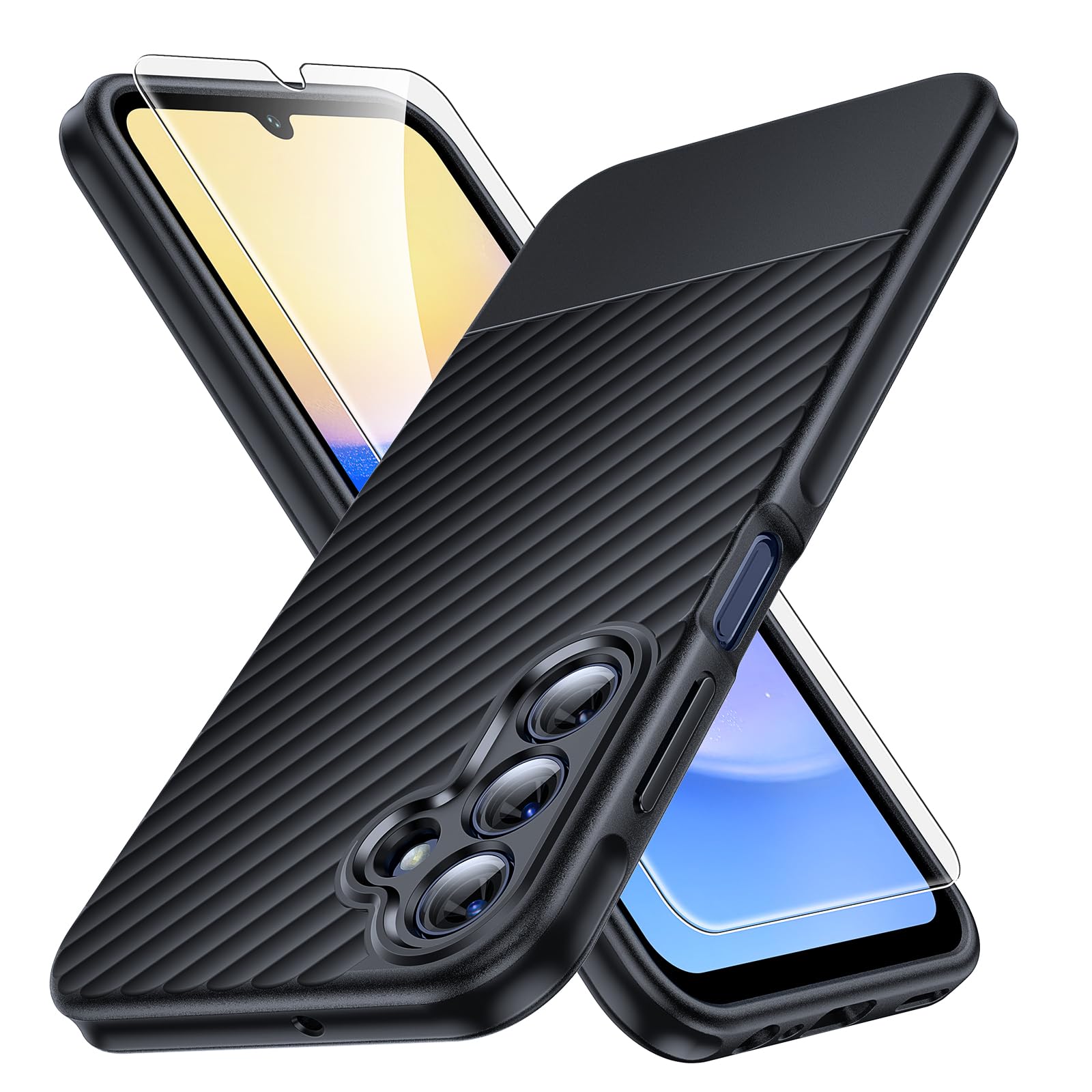 TAURI 3 in 1 for Samsung Galaxy A15 5G Case Black, [15 FT Military Grade Protection] with 2X Screen Protector, [Non Slip Textured Back] Slim Shockproof Case for Galaxy A15 5G Case 6.5 Inch
