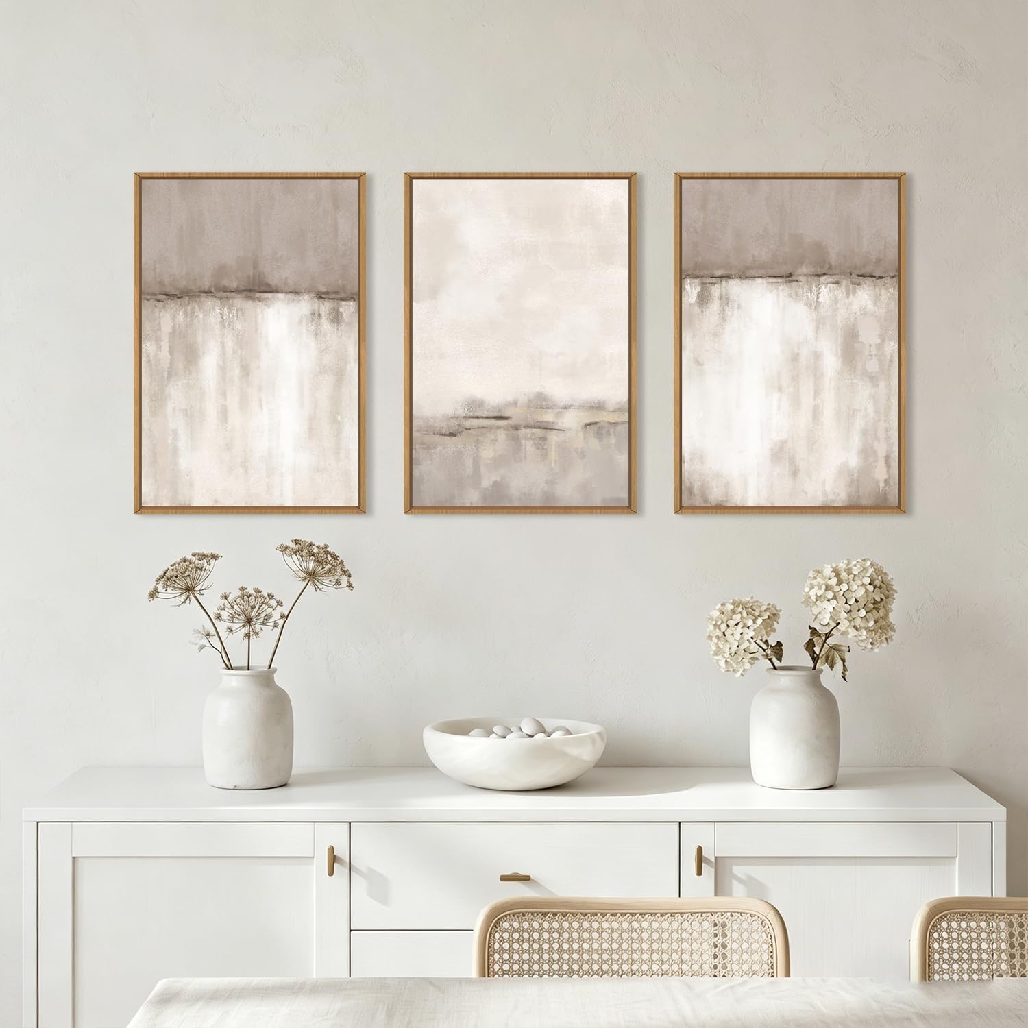 KAIRNE Large Neutral Abstract Gray Framed Canvas Wall Art Set-16"x24"x3 image 2