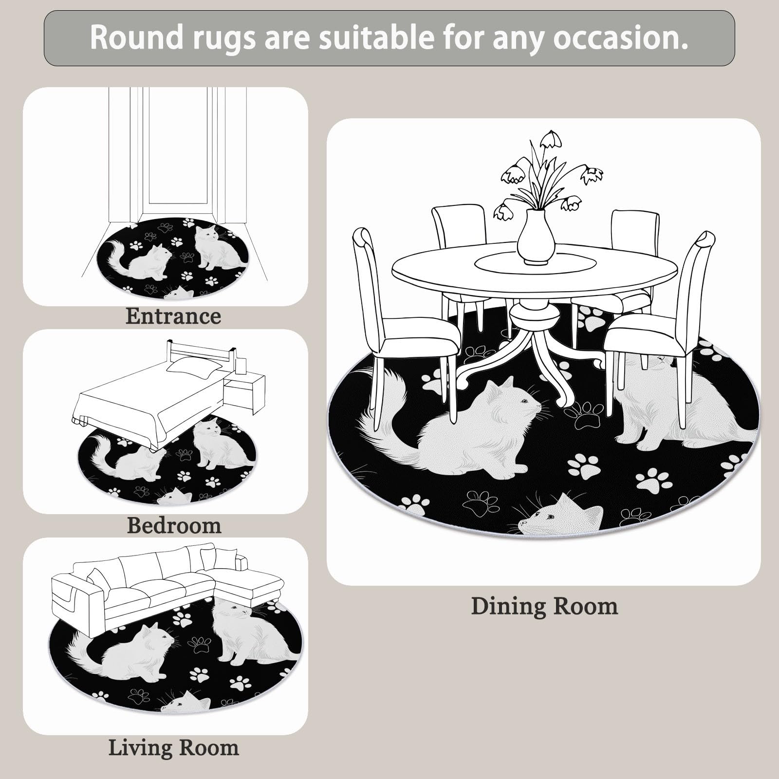 Schwarzweiß Runder Teppiche Wohnzimmer 100 cm, Waschbar & Rutschfester Kurzflor Teppich Schlafzimme, Minimalistisch Pfotenabdruck Niedlich Tiere Katze Teppich Rund für Kinderzimmer, Esszimmer, Büro