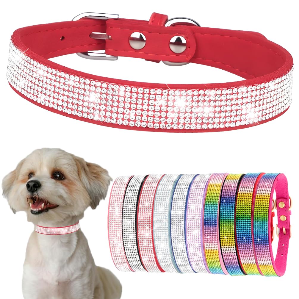Rhinestone Dog Collars For Small Dogs Girls Female Cute Crystal Diamond Bling Puppy Collar For Small Puppies Sparkling Glitter Cat Collars for Kitten XXS XS Small Medium Breed Pets Red S