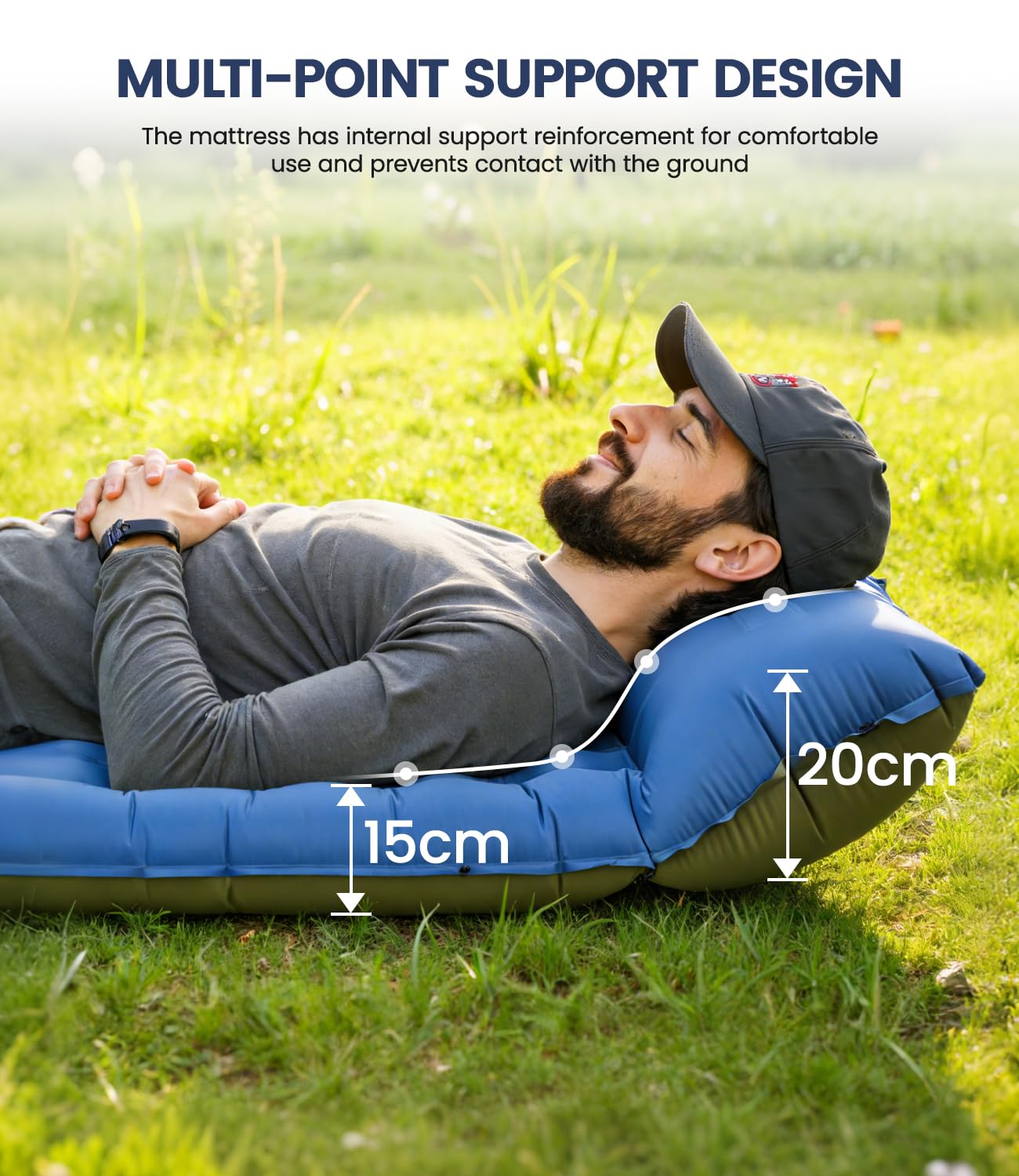 Colchoneta doble para 2 personas, 195 x 134 cm, perfecta para parejas y familias, camping familiar, festivales y cama de invitados, 10 cm de grosor, función de inflado