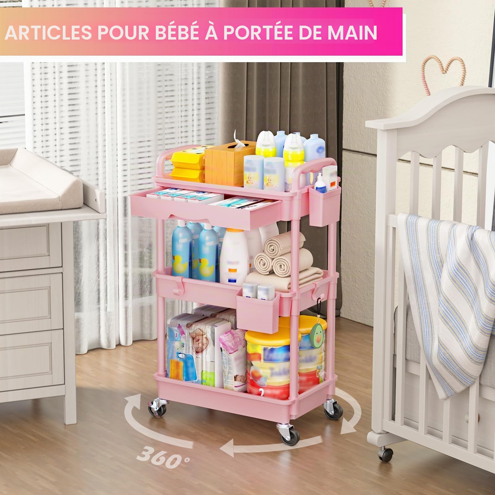 Yeabett Chariot de rangement à 3 niveaux, chariot utilitaire sur roulettes avec tiroir pour cuisine, salle de bain, bureau, salon, rose