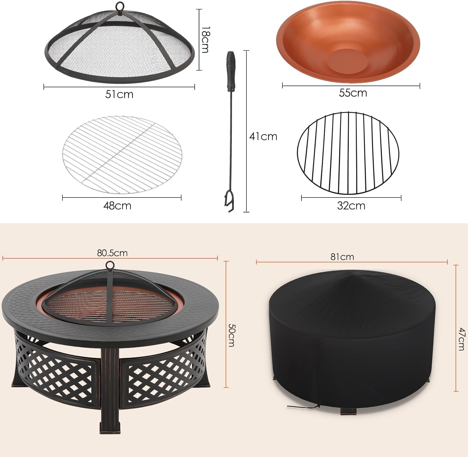 TLSUNNY Braciere da Giardino, Braciere da Esterno Multifunzionale, Braciere Rotondo con Parascintille e Griglia per galvanizzata, outdoor fire pit 80x80x50 cm, per Spiaggia, Camping,Riscaldamento,BBQ