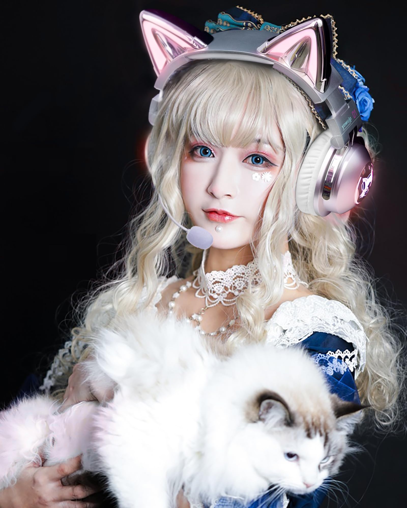 Axent Wear New Edition Wireless Cat Ear Headphones (12 Color Changing) 3.5mm Jack, Bluetooth&Wired Connection (Silver)