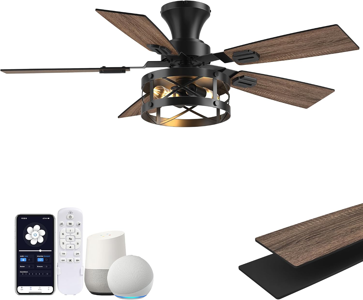 42" Smart Farmhouse Ceiling Fan with Lights Remote,Flush Mount,Black Walnut