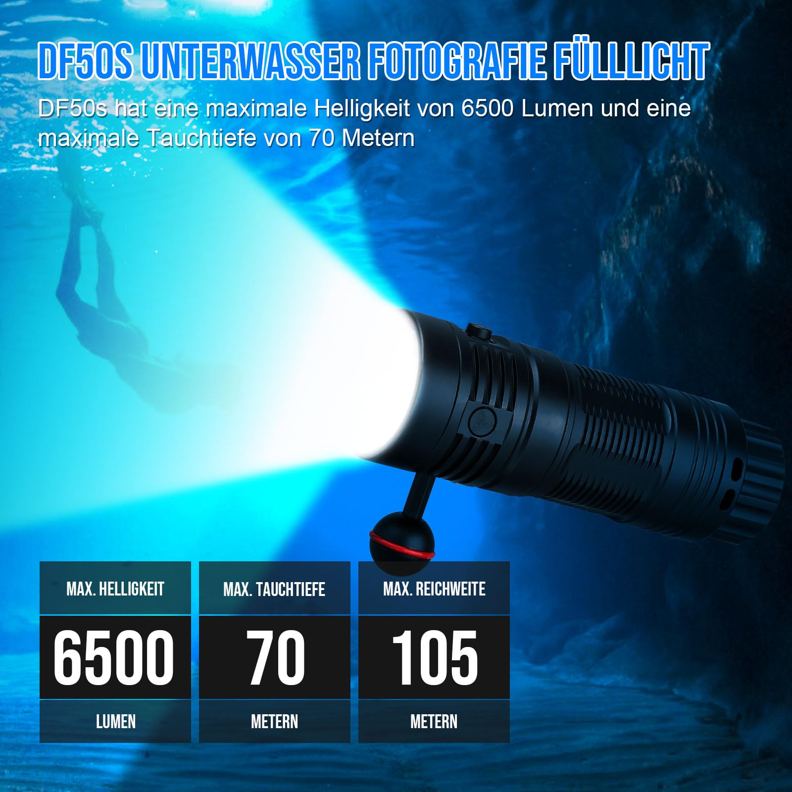 TrustFire DF50S Tauchlampe 6500 Lumen LED Tauchen Taschenlampe 70M Unterwasser Foto Füllbeleuchtung Weiß UV Rot Licht