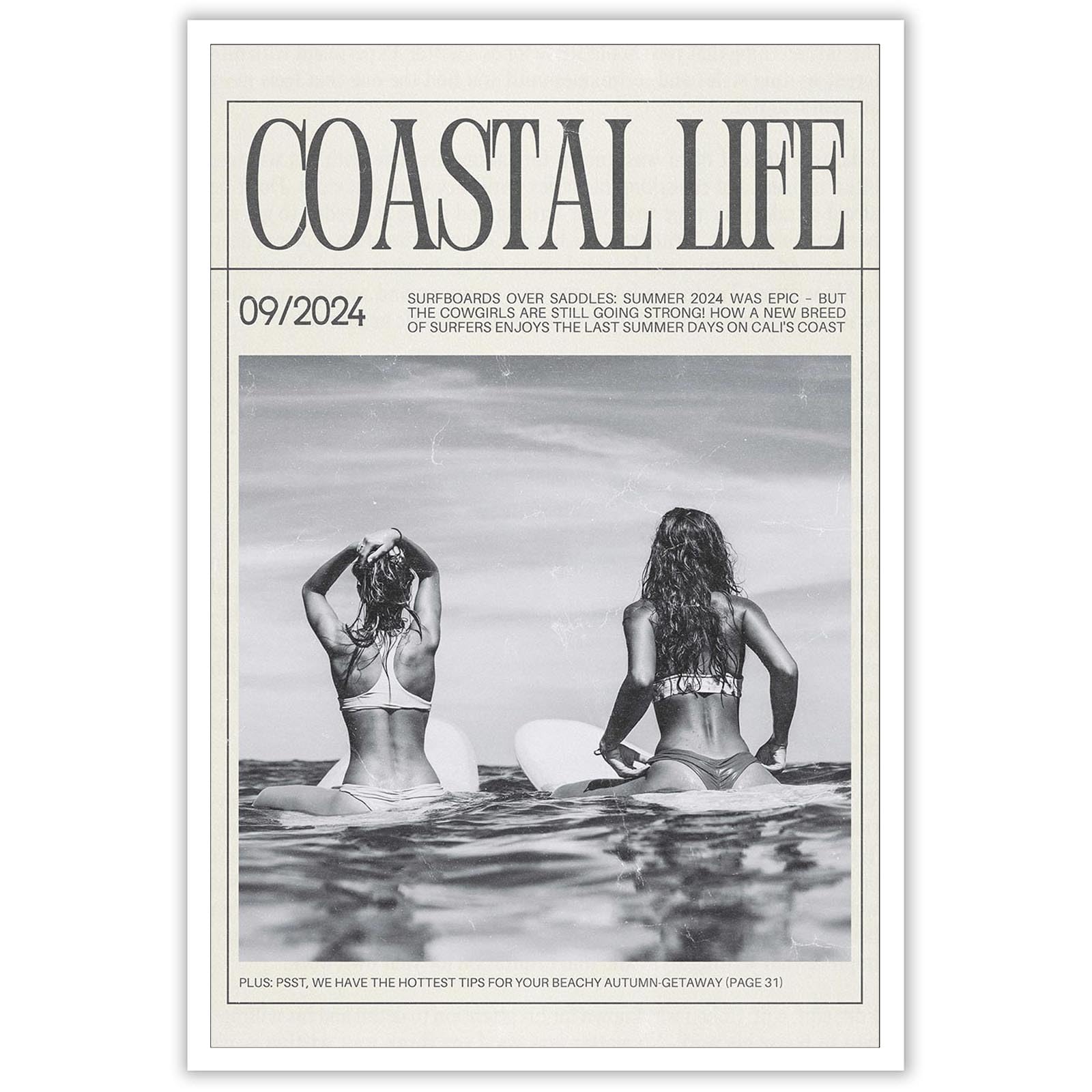 Bittiler Women's Multi 002 Retro Coastal Life Surfing Poster Magazine Cover Cowgirl Wall Art Black And White Flirty Woman Beachy Newspaper Prints Painting For Home Bedroom Dorm Wall Decor 12X16in Unframed
