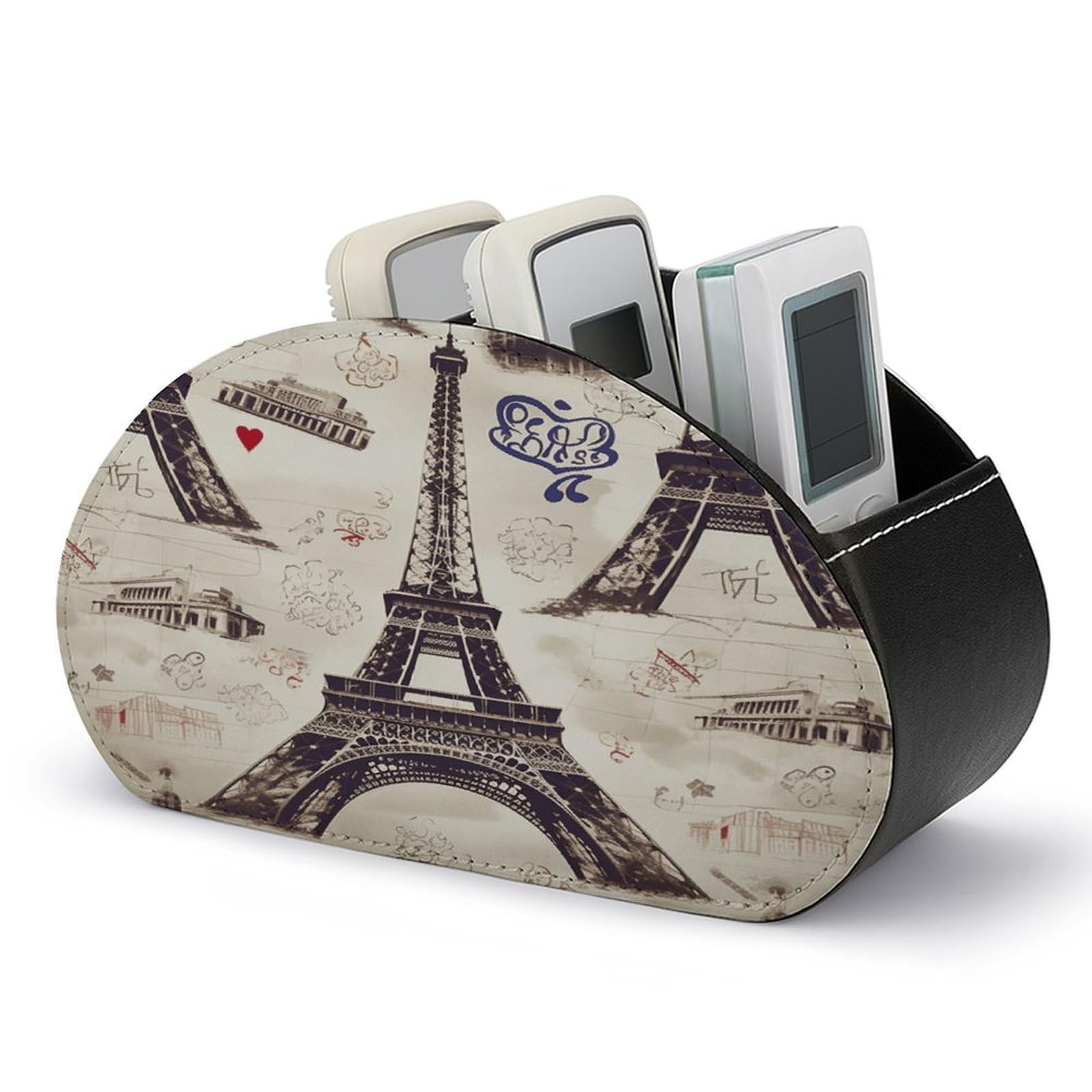 VstaDank French Paris Tour Eiffel Tower Remote Control Holder Farmhouse TV Media Remote Storage Box with 5 Compartments PU Leather Remote Caddy Desktop Organizer for Home Bedside Table Organizer