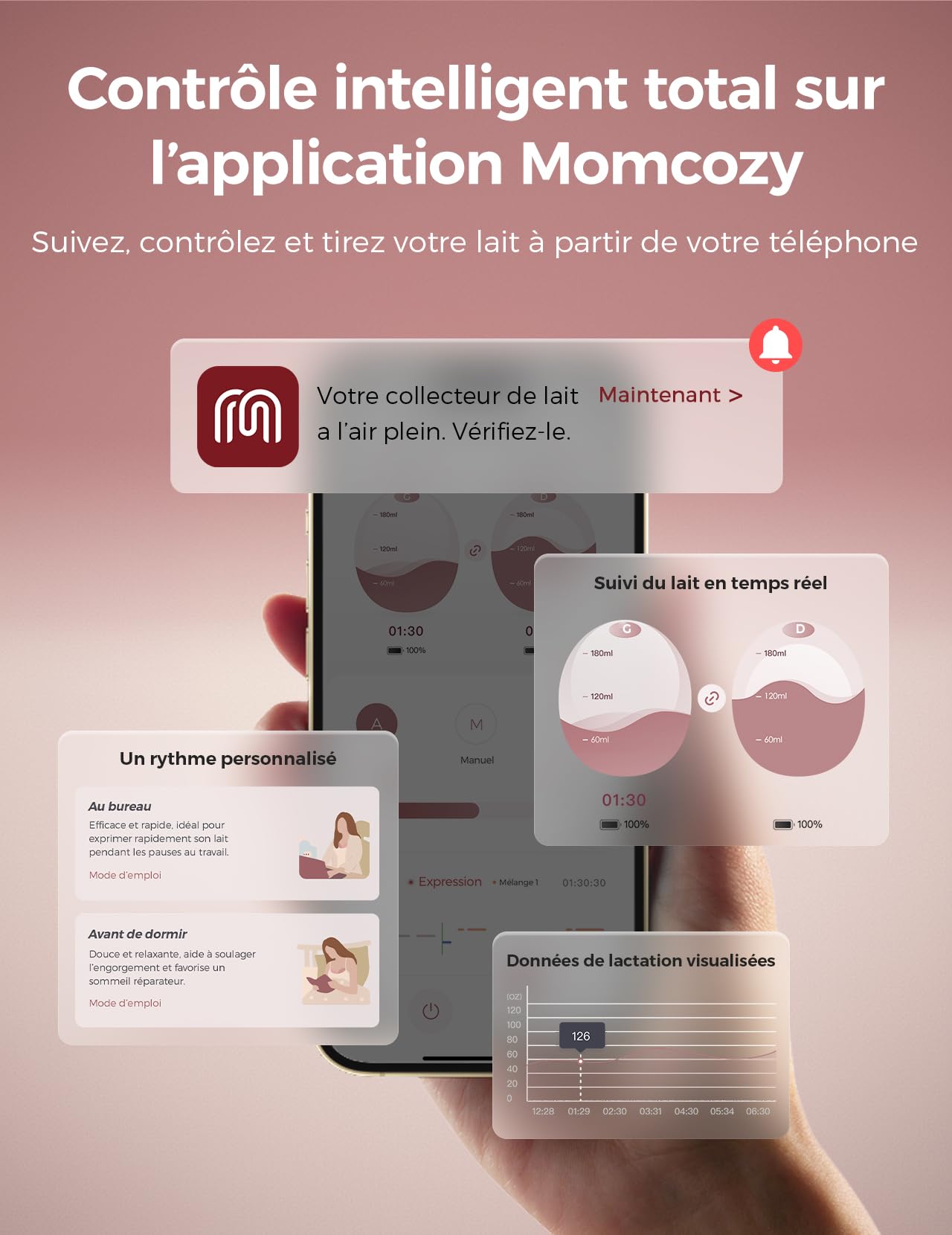 Momcozy Air 1 Tire-Lait Ultra-Fin, Tire-Lait Portable Mains Libres avec Étage de Chargement sans Fil & Contrôle par Application avec Mode Auto & Alerte de Remplissage, Dessus Transparent
