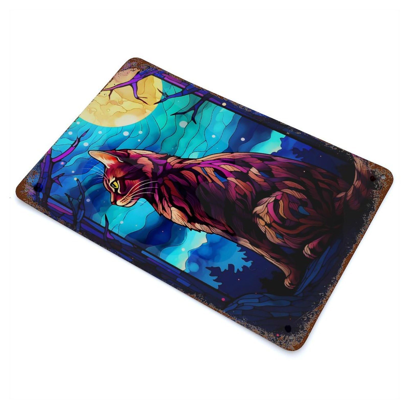 Bengal Cat And Moonlight Decorative Tin Sign 11.8"x7.9", for Bistro, Counter And Cafe Decor, Retro Wall Decor