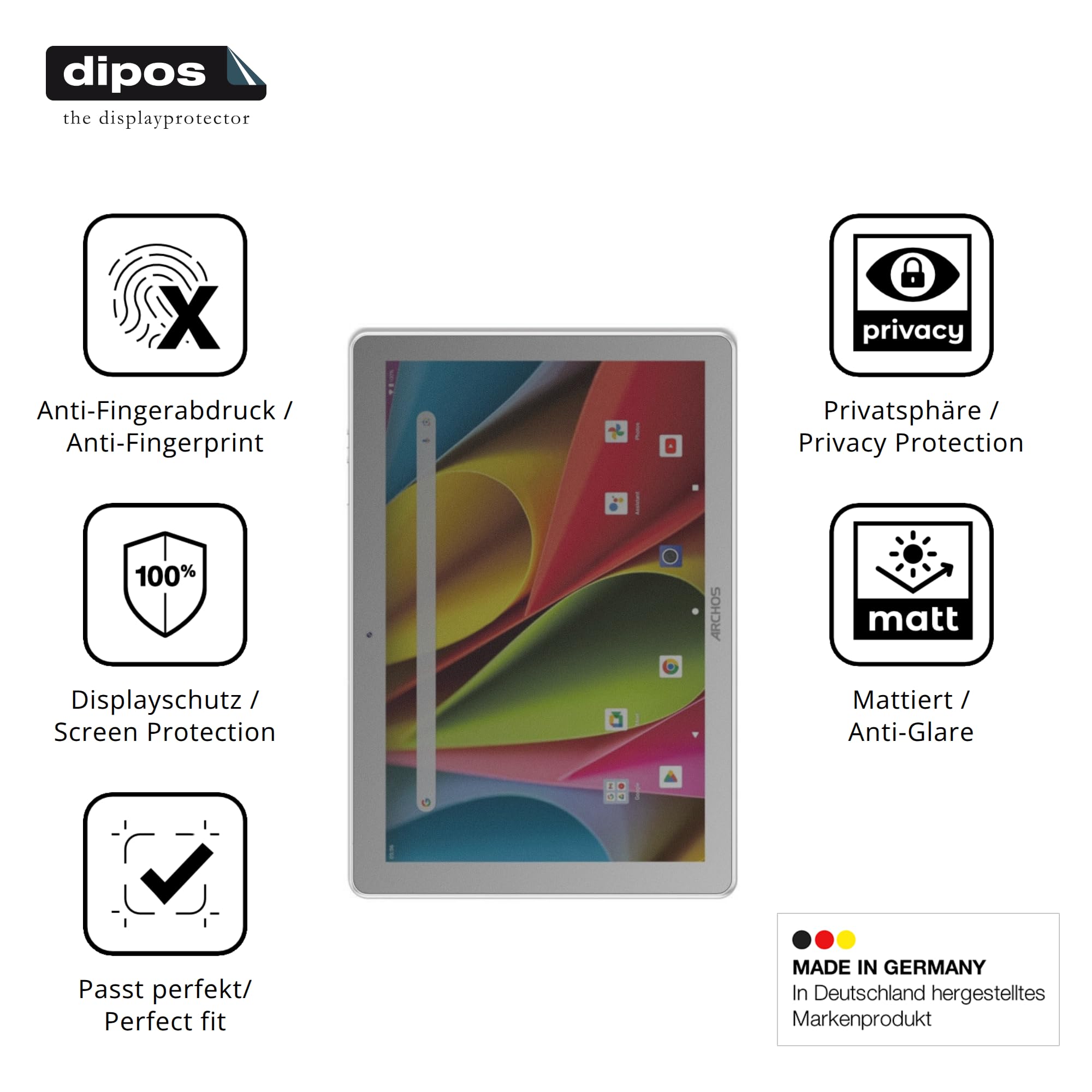 dipos Protector de Pantalla Antiespía para Archos T101 FHD2 WiFi | Película protectora mate, filtro de privacidad 4 vías, ajuste perfecto, antiarañazos, sin burbujas, autoadhesivo
