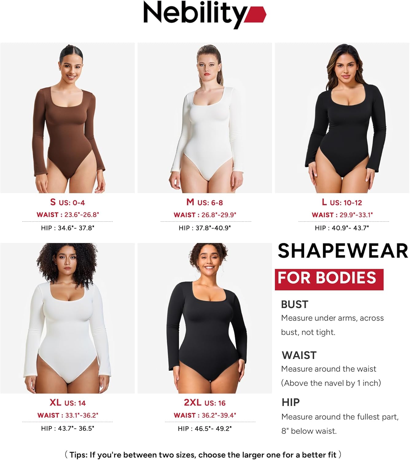Nebility Long Sleeve Bodysuits for Women Tummy Control Shapewear Square Neck Body Suits Bell Sleeves - Image 6