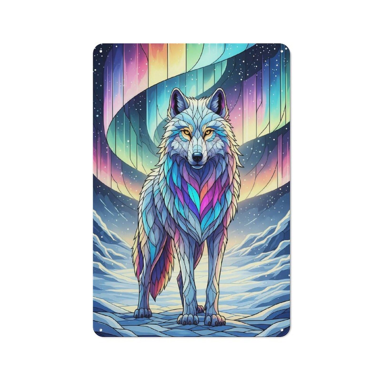 Colorful Wolf Under Aurora Borealis Retro Metal Wall Decor 30x20cm, Tin Wall Sign for Coffee Bar, Small Shop Or Dining Room