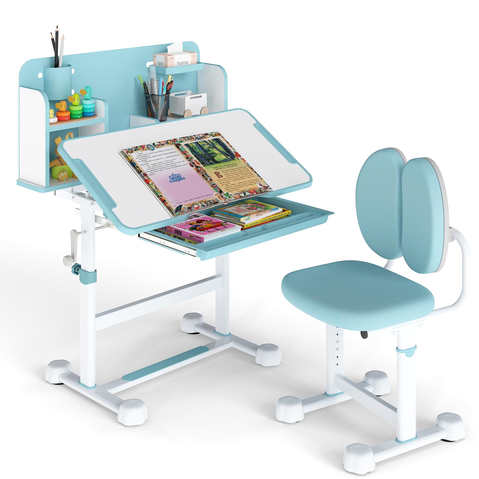 Maxmass Kids Table and Chair Set, Height Adjustable Children Desk and Chair with Tilt Desktop, Drawer, Storage Shelves, Pen Slot, Student Learning Studying Table for Writing Reading Drawing (Blue)