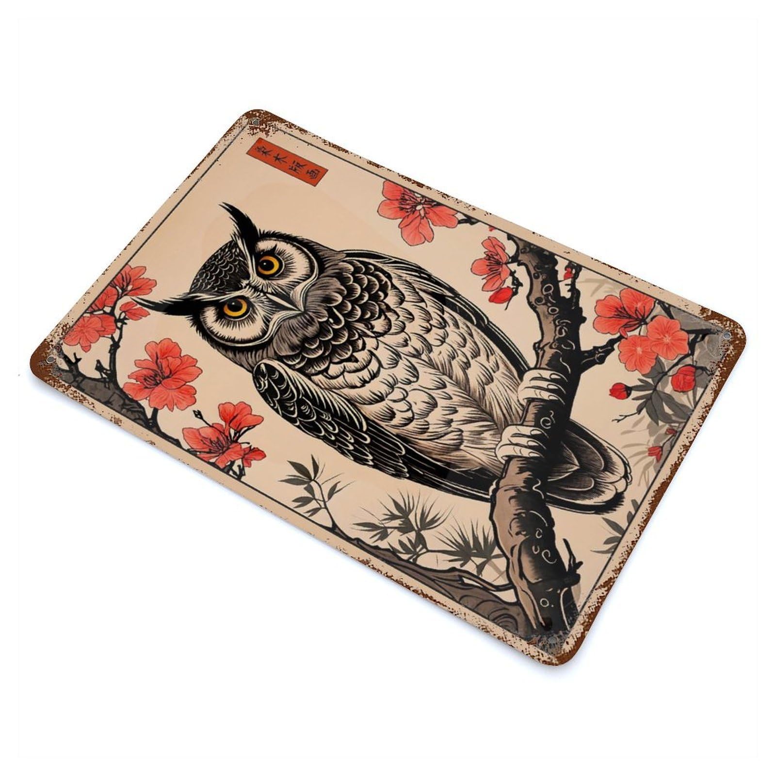 Distressed Metal Wall Sign with Owl Japanese Art Design 11.8"x7.9", for Office, Studio And Wall Decor, Industrial Home Decor