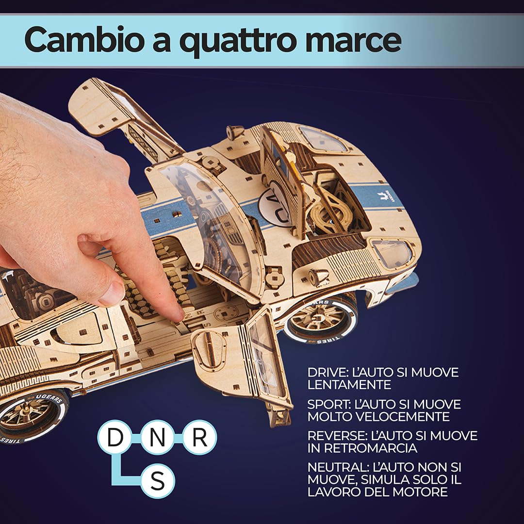 UGEARS UGT-24 Auto da Corsa di Endurance Puzzle 3D - Kit di Modelli Meccanici in Legno in Scala 1:12 da Costruire per Adulti - Kit di Costruzione Modello di Auto Sportiva - 970 Pezzi