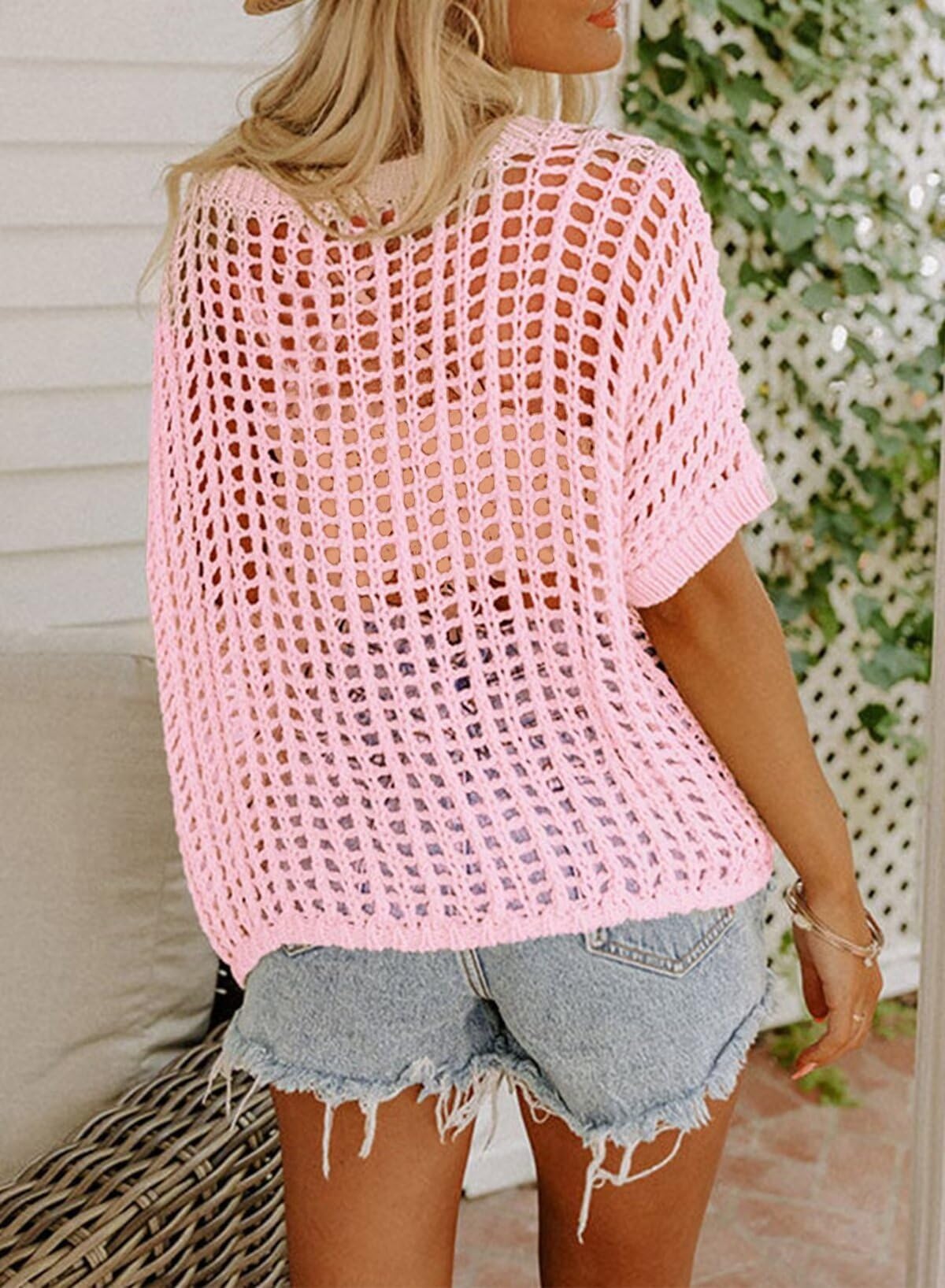 Chicrise Top Crochet Femme Ete Cover Up Col Rond Manches Courtes Tunique Hollow Out Tricot