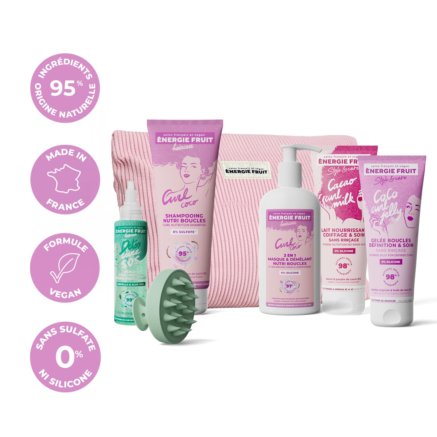 ENERGIE FRUIT – Coffret Cadeaux Curl Detox Cheveux Bouclés – 6 produits + Trousse Offerte – Shampoing, Masque, Sérum Cuir Chevelu, Gelée Définition, Lait Coiffant Nourrissant et Brosse Moussante