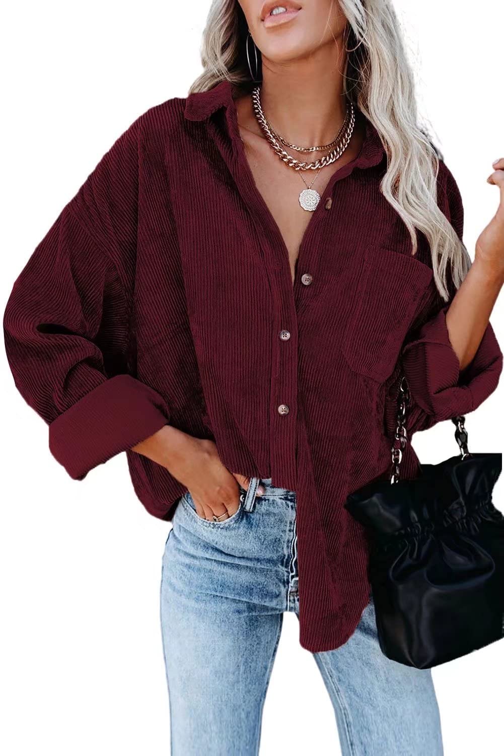 JOCAFIYE Women's Corduroy Shirt Casual Long Sleeve Button Down Blouses Tops
