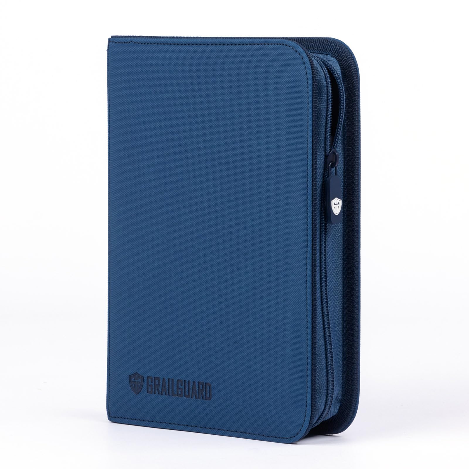 Grail Guard 4 Pocket Premium ZIP Trading Card Binder – High Capacity 160-Card Album, Acid-Free PU Faux Leather, Zip Closure (Navy)