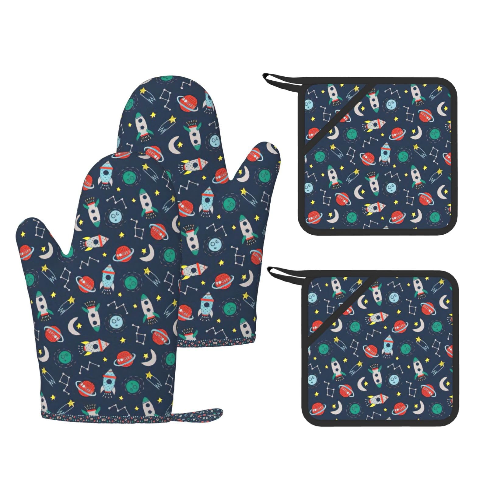 Eeprty Black Rocket Clipart Space Ship Printed Kitchen Oven Gloves And Potholder 4 Pcs, Non-Slip Heat Resistant Mitts For Baking Chef