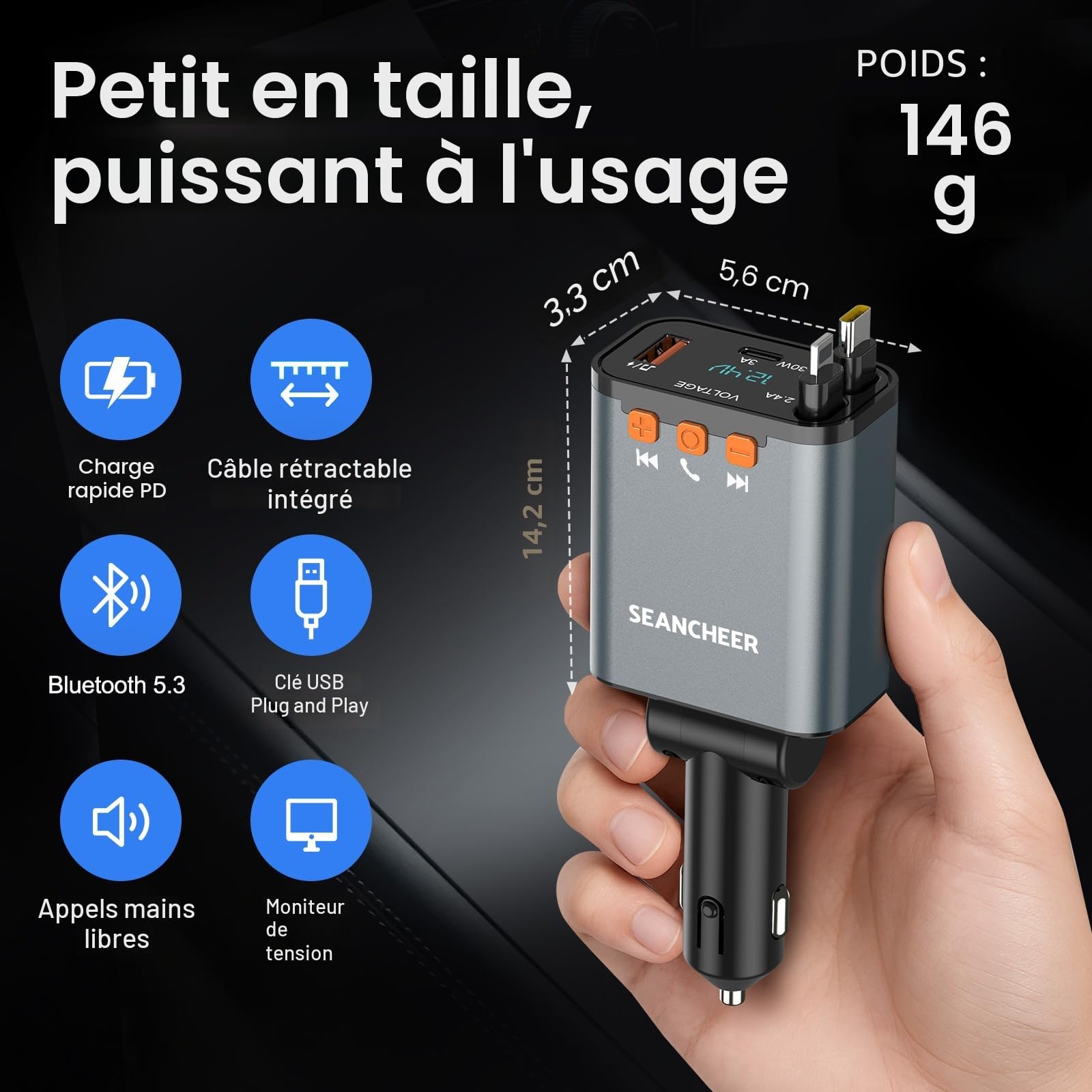 SEANCHEER Transmetteur FM Bluetooth Voiture & Allume Cigare USB C, 69W Chargeur Voiture avec 2 Câbles Rétractables, Bluetooth 5.3, Téléphone Kit Main Libre, Adaptateur Radio pour Autoradio