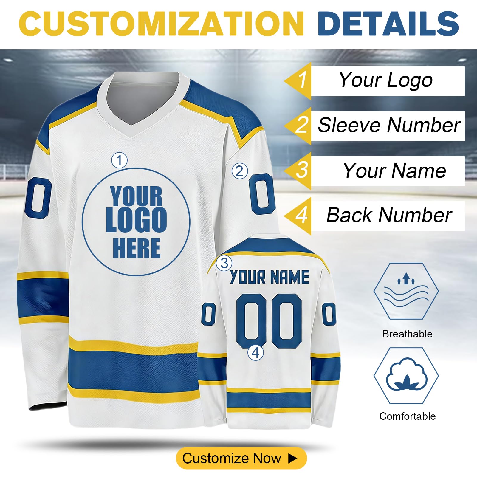Maillot de Hockey sur Glace personnalisé avec nom numéro et Logo d'équipe – Haut à Manches Longues pour Homme