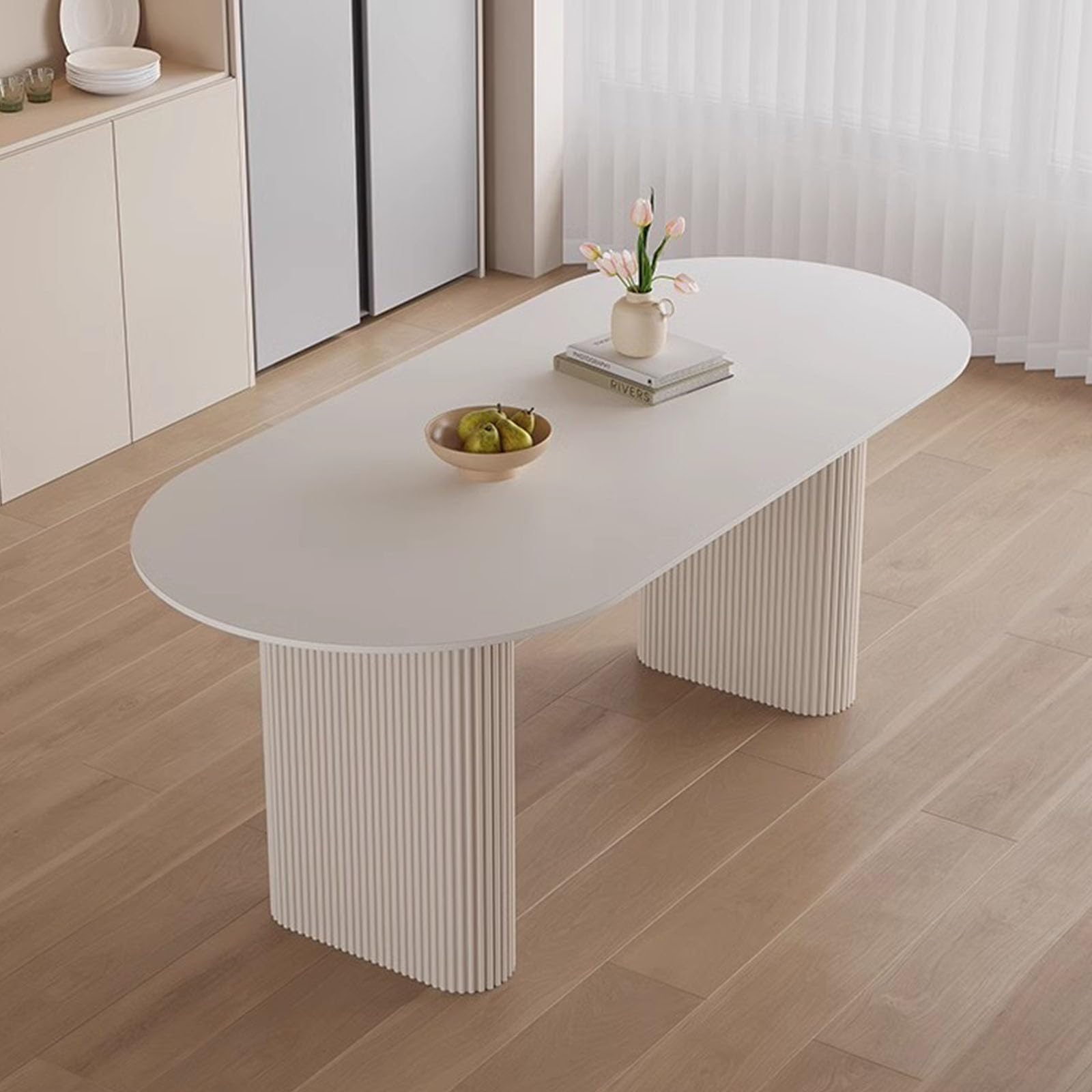 Mesa de Comedor Ovalada Moderna 120cm Top de Piedra sinterizado Blanco, Base de Metal Resistente a los arañazos para Espacios pequeños Cocina Desayuno Nook Apartamento Decoración del hogar