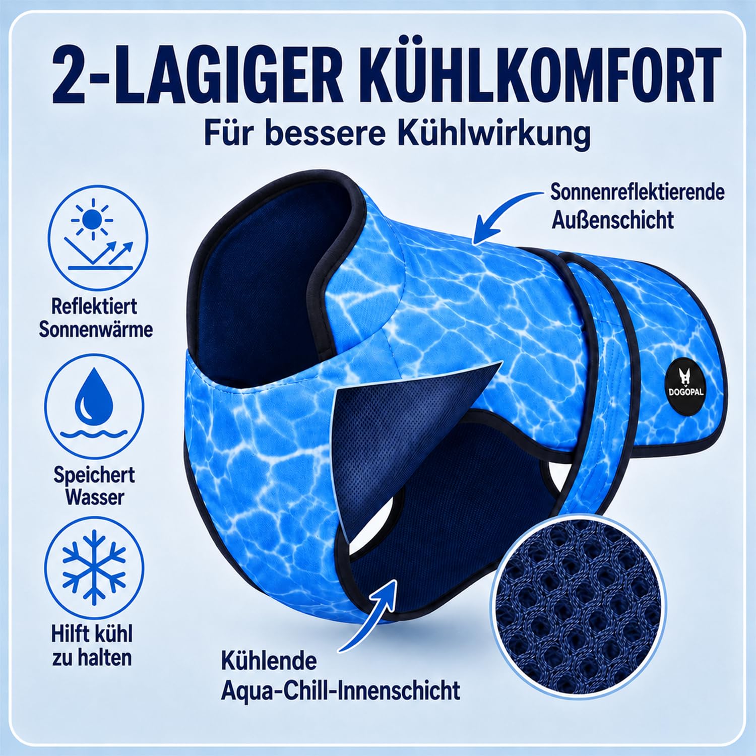 DOGOPAL Kühlweste Hund, Kühljacke für Hunde mit Wasseraktivierung & UV-Sonnenschutz für heiße Tage, Leichte Atmungsaktive Sommer-Hundeweste mit Stehkragen für Gassi & Outdoor (Blau, XL)