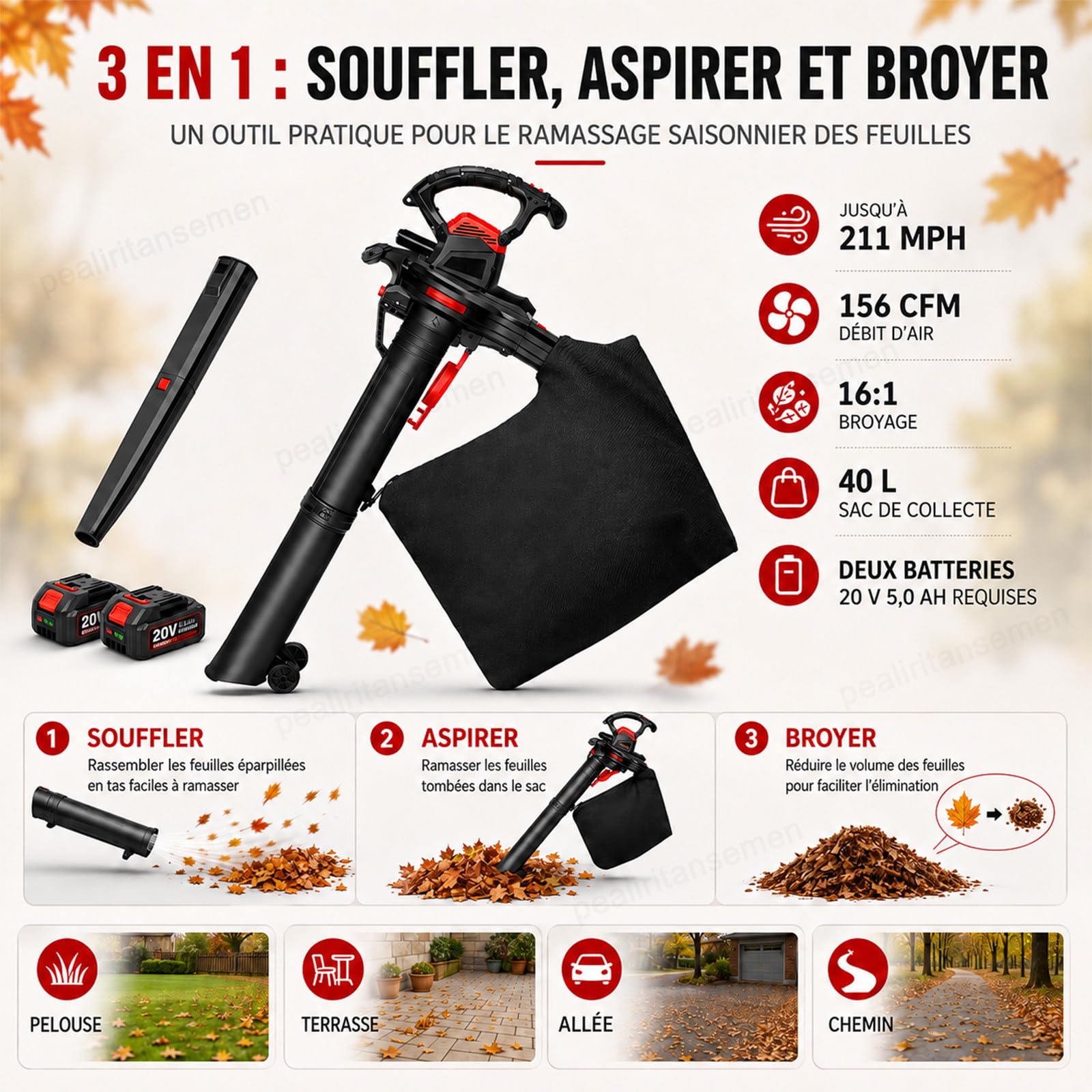 Aspirateur Souffleur De Jardin Avec Broyage 16:1 Et Sac 40 L 4×5.0Ah