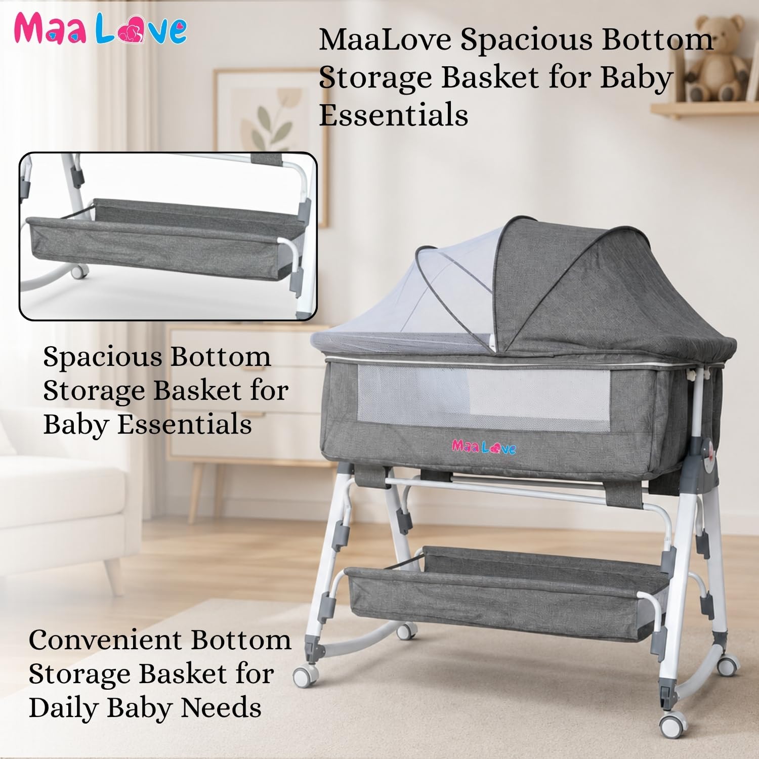 MaaLove Premium Bedside Crib for Baby with Rocking Bassinet for New Born with 4 Height Adjustable & Recline Baby Cot with Mosquito Net&Storage Box Bedside Cribs & Cots for 0 to 2 Years (Grey) 4