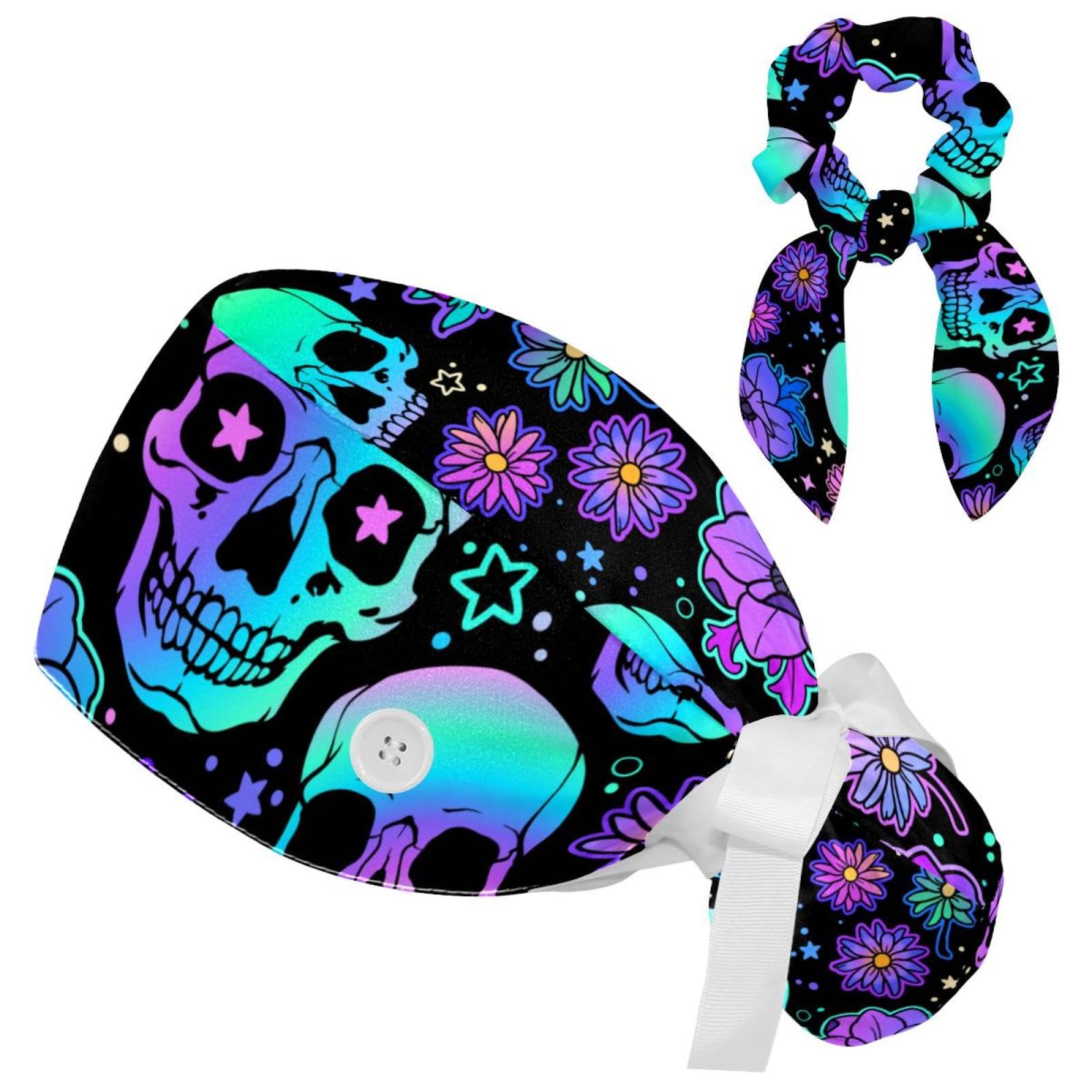 Working Cap with Button Sweatband, Neon Skulls and Flowers Scrub Cap Surgical Hats for Women Long Hair