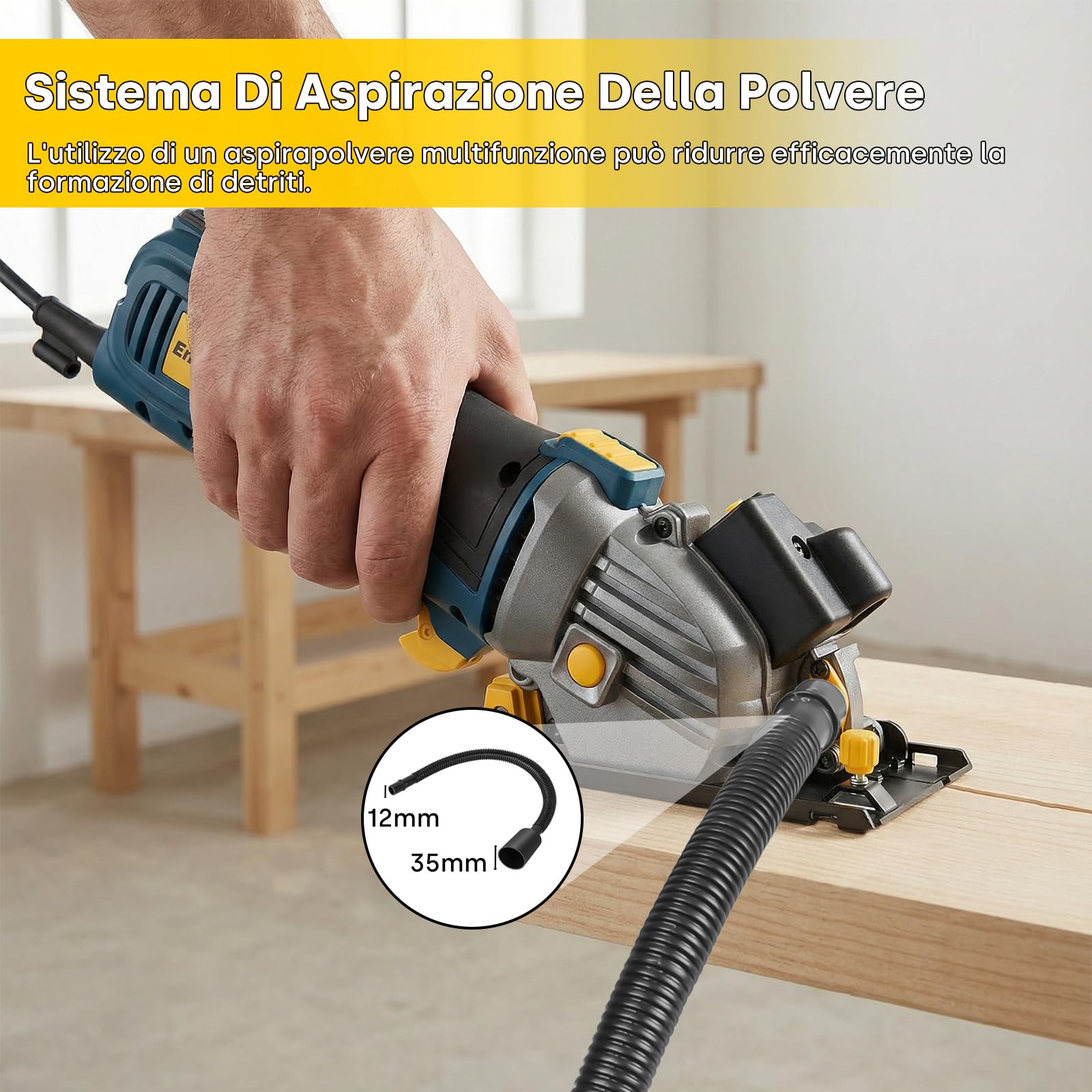 Enventor Mini Sega Circolare con laser, 600W, 5500RPM, funzionamento con una sola mano, 3 Lame (89mm), per legno, piastrelle, plastica e metallo sottile