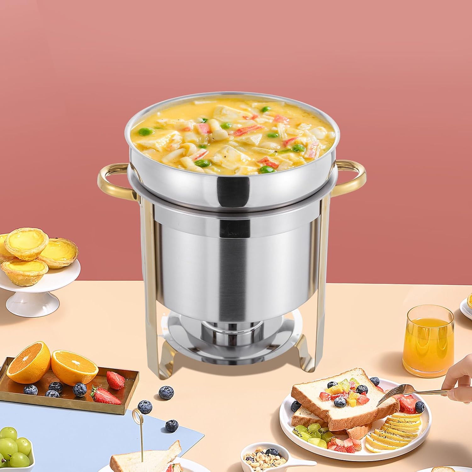 Soup Chafer, 11.62QT Stainless Steel Round Soup Warmer with Pot Lid and Fuel Holder, Commercial Soup Pot Chafing Dish for Party, Buffet, Event & Commercial Food (11.62, Quarts)
