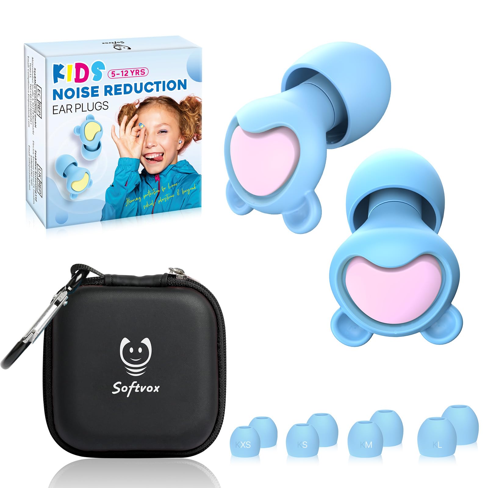 Kids Ear Plugs (6-12 yrs), Reusable Noise Reduction Earplugs for Airplane, Focus, Travel, Concerts, Socializing Sports, Noise Sensitivity - Fit Adult with Small Ear Canals, 8 Tips in XS/S/M/L, 26 dB