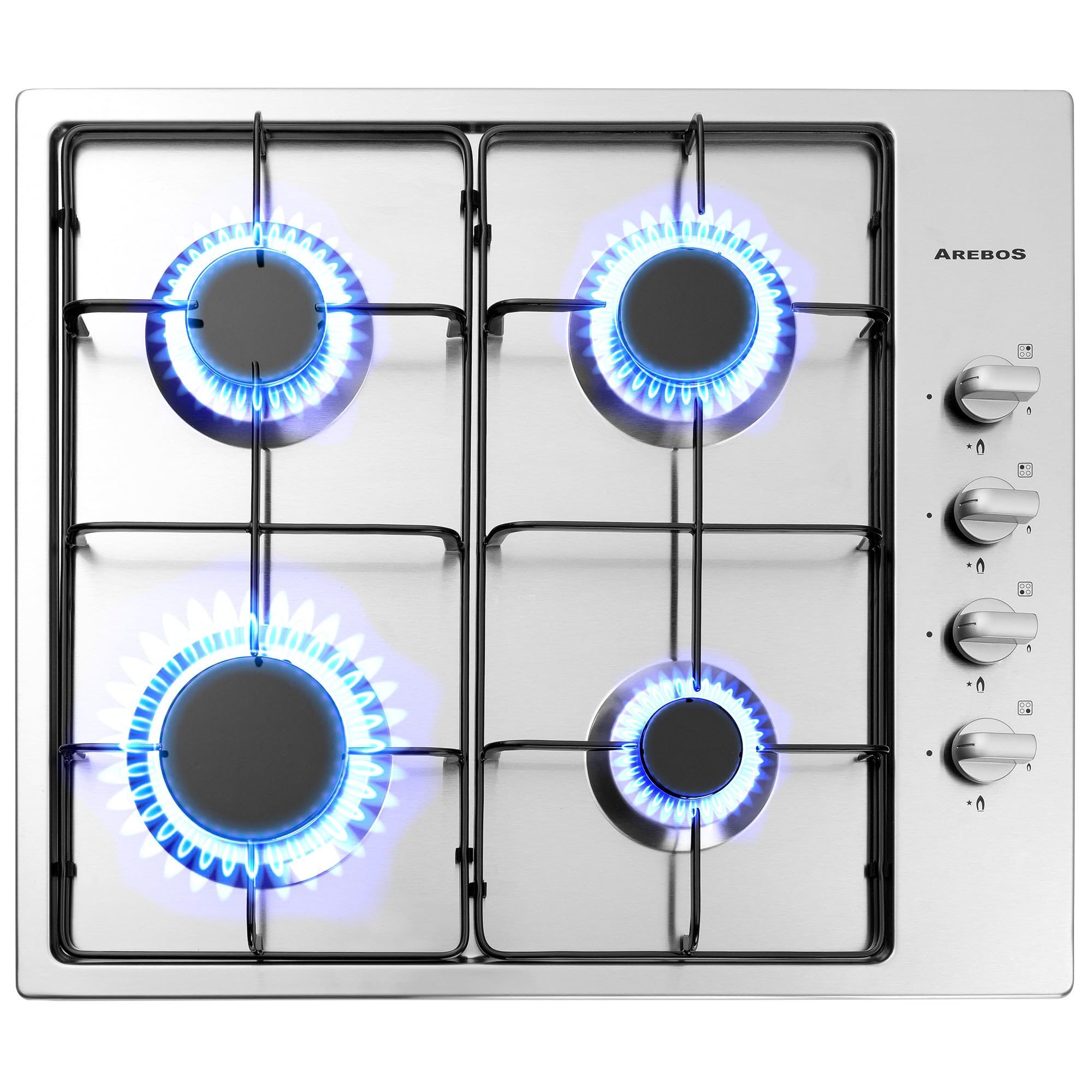 Arebos Gaskochfeld 4 Flammig | 58 cm Edelstahl Gasherd mit automatischem Flammenschutz | Erd- oder Propangas | Gaskocher Autark, effizient und energiesparend
