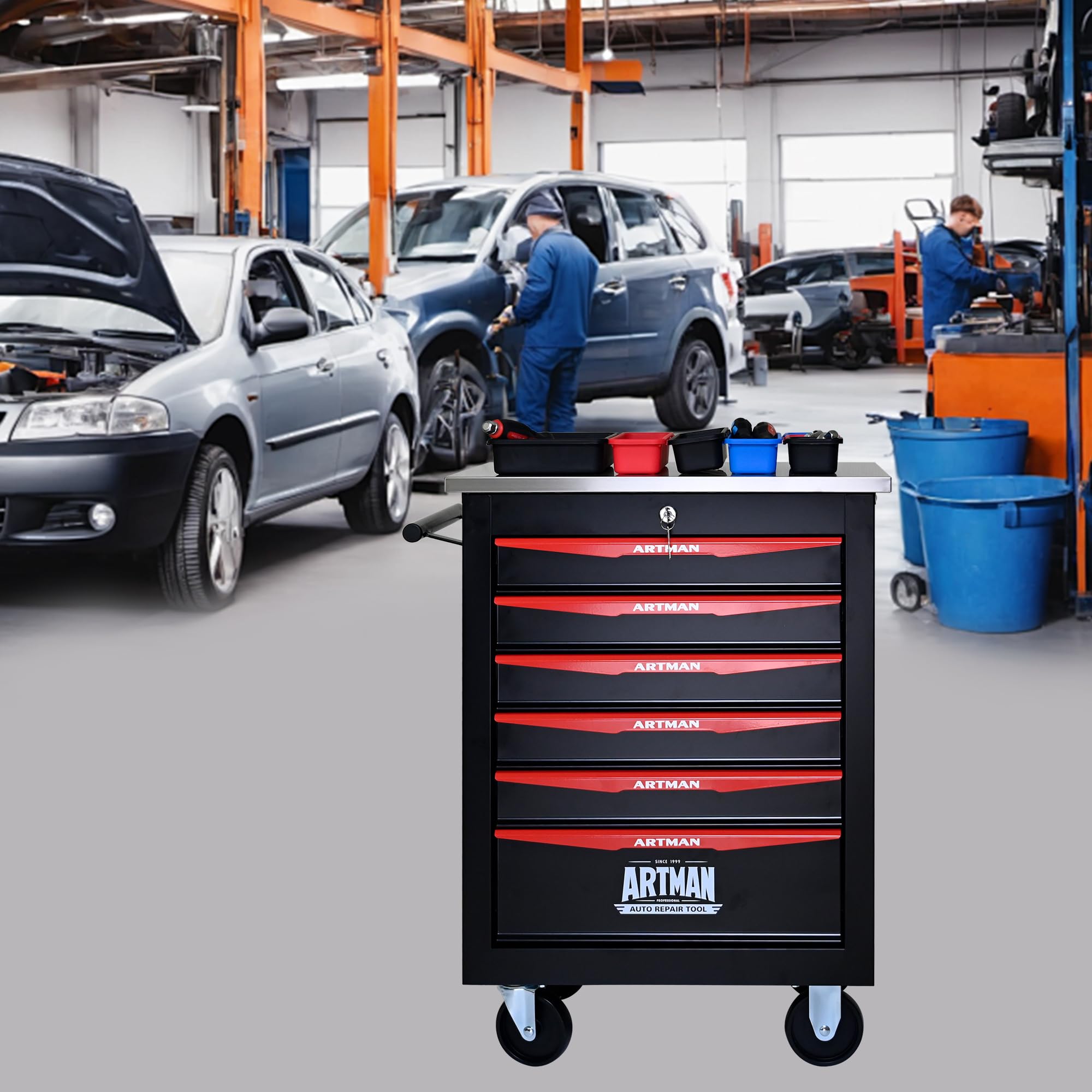 Carro de herramientas con ruedas, maletín rodante con 6 cajones, caja de herramientas de metal para garaje, taller, almacén, taller de reparación, carro de herramientas con techo de acero