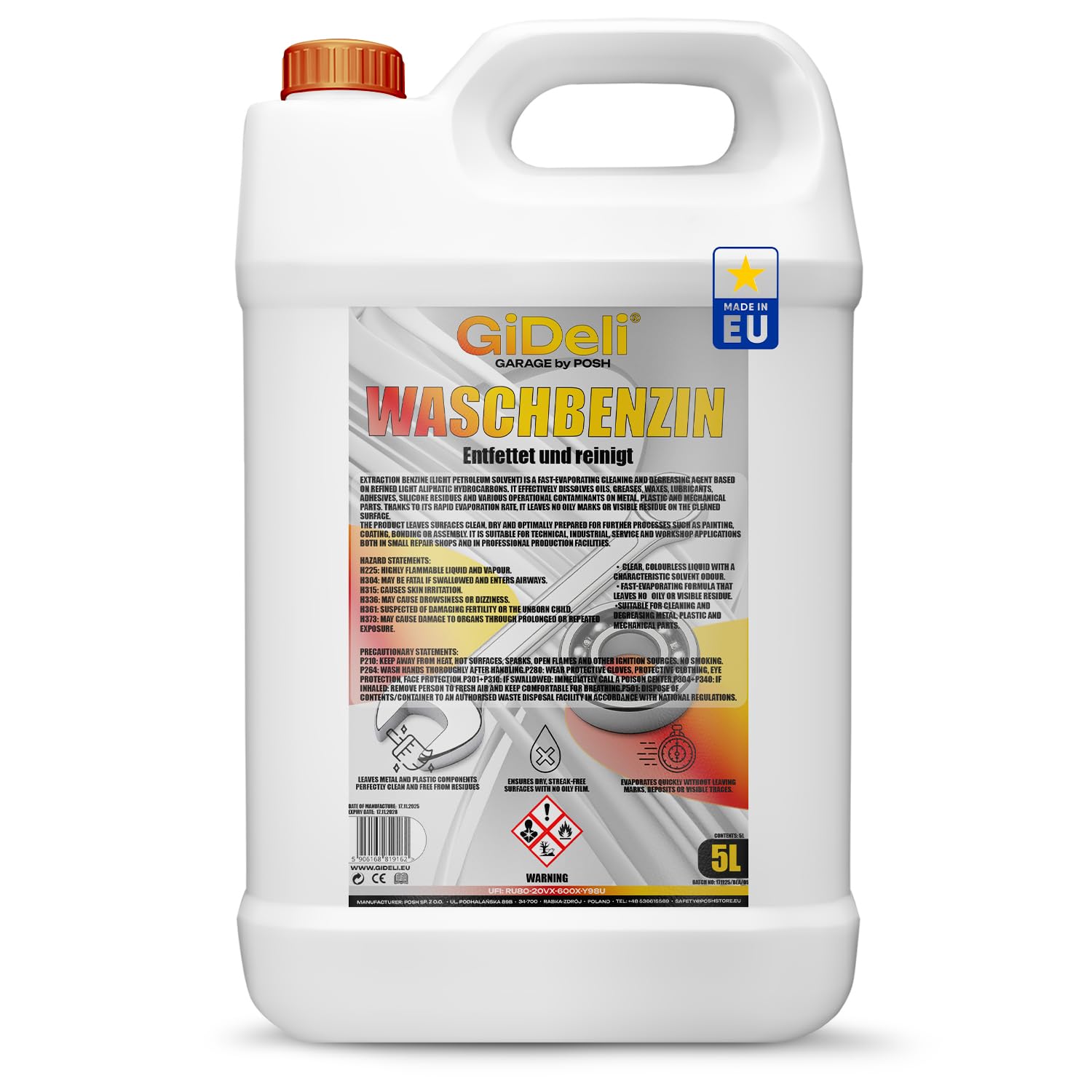 GiDeli Waschbenzin 5L Kanister - Universelles Lösungsmittel & Entfetter - Farben- & Lackverdünner - Werkzeug & Pinselreiniger für Haushalt, Auto & Werkstatt