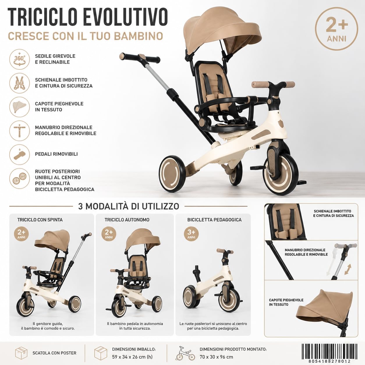 Triciclo Pieghevole per Bambini 1-4 Anni con Manubrio per Genitori - Bicicletta Evolutiva fino a 20kg - Monopattino Bambino Regolabile con Struttura Ergonomica, Beige (Premium)