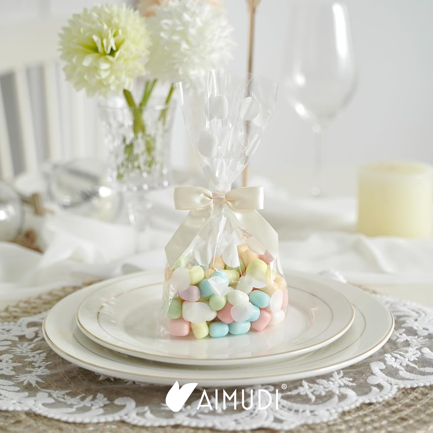 AIMUDI Ivory Bows 2.5" Pretied Satin Ribbon Bows Premade Twist Tie Bow for Treat Bags Cake Pop Bow for Wedding Favors Mini Bows for Gift Wrapping Baby Shower Decorations - 50 Counts - Image 8