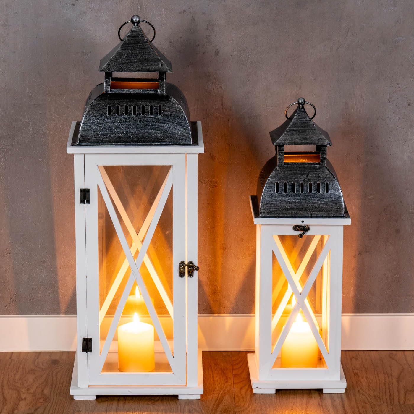 Lot De Deux Lanternes en Fer Shabby Chic Pays Avec Verre