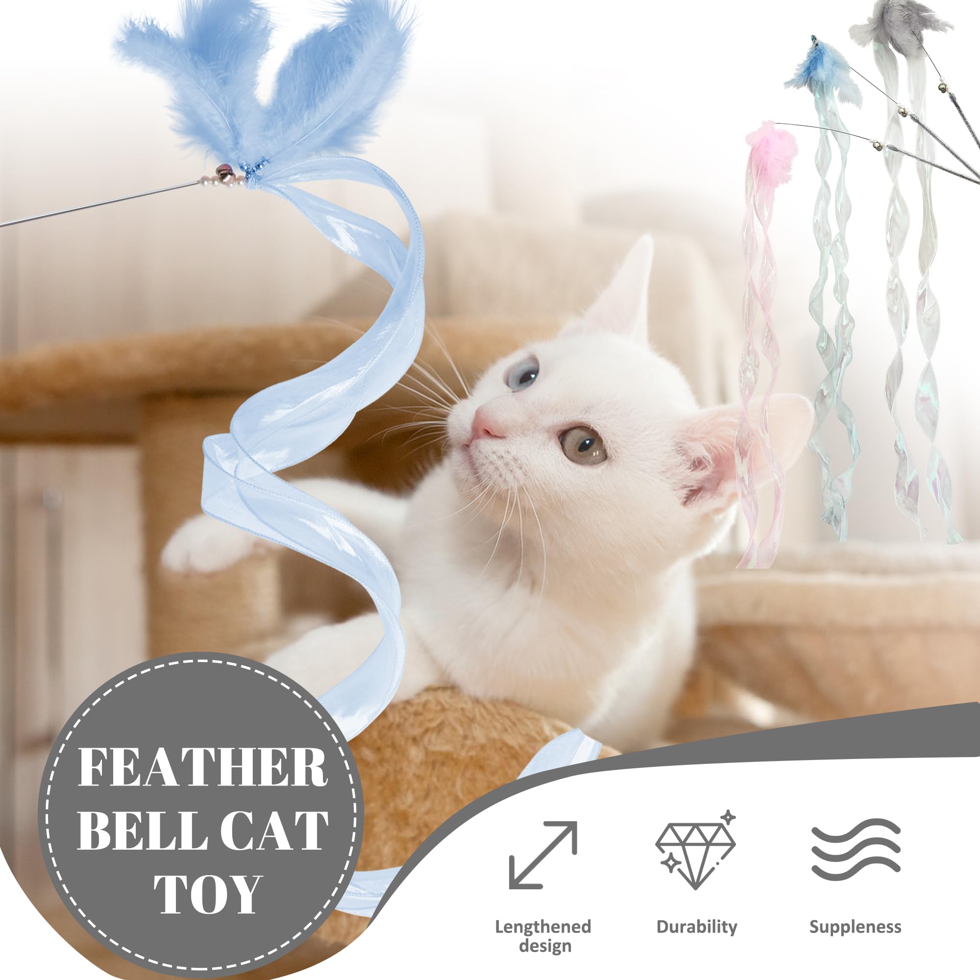 Pawfect Tail Cat Wand Toys, 3Pcs Interactive Kitten Wand Toys for Bored Indoor Cats, Cat Teaser Wand with Bell and Long Ribbon