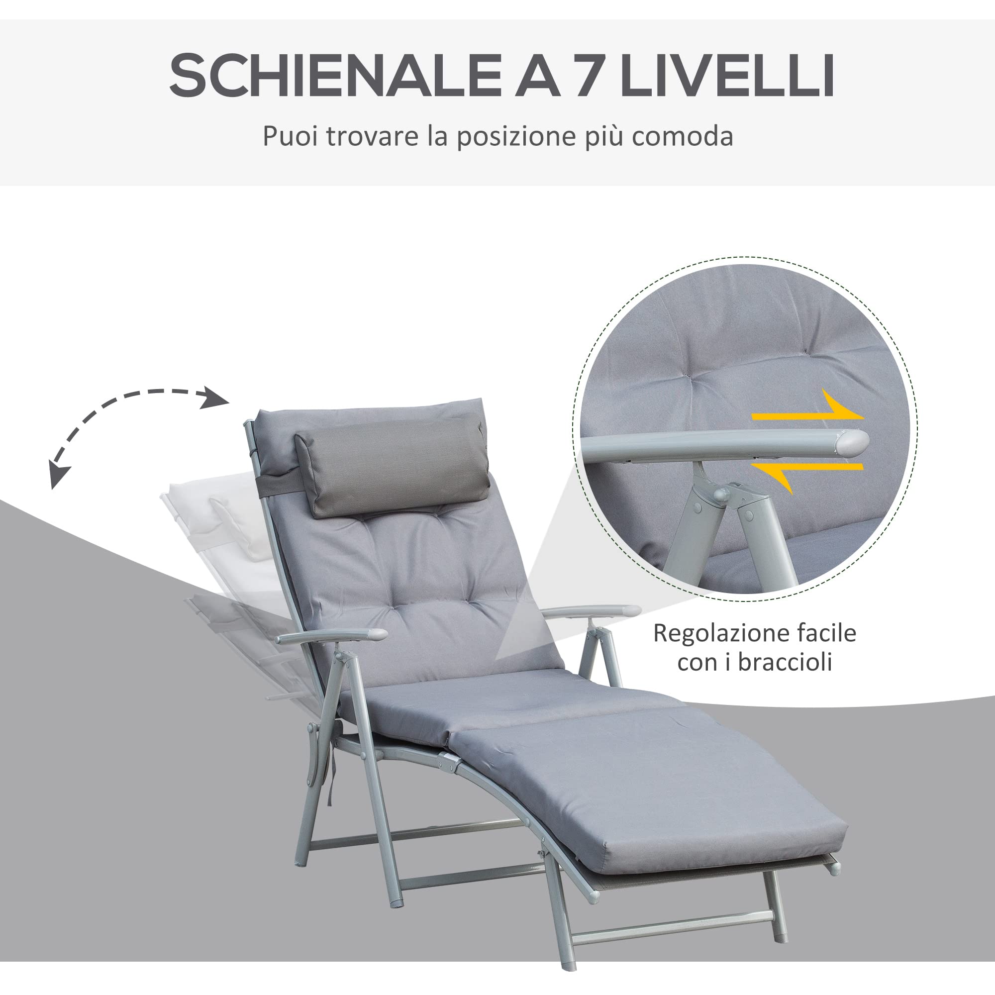 Outsunny Sdraio da Giardino Pieghevole 137x63.5x100.5cm Grigio con Materassino e Cuscino
